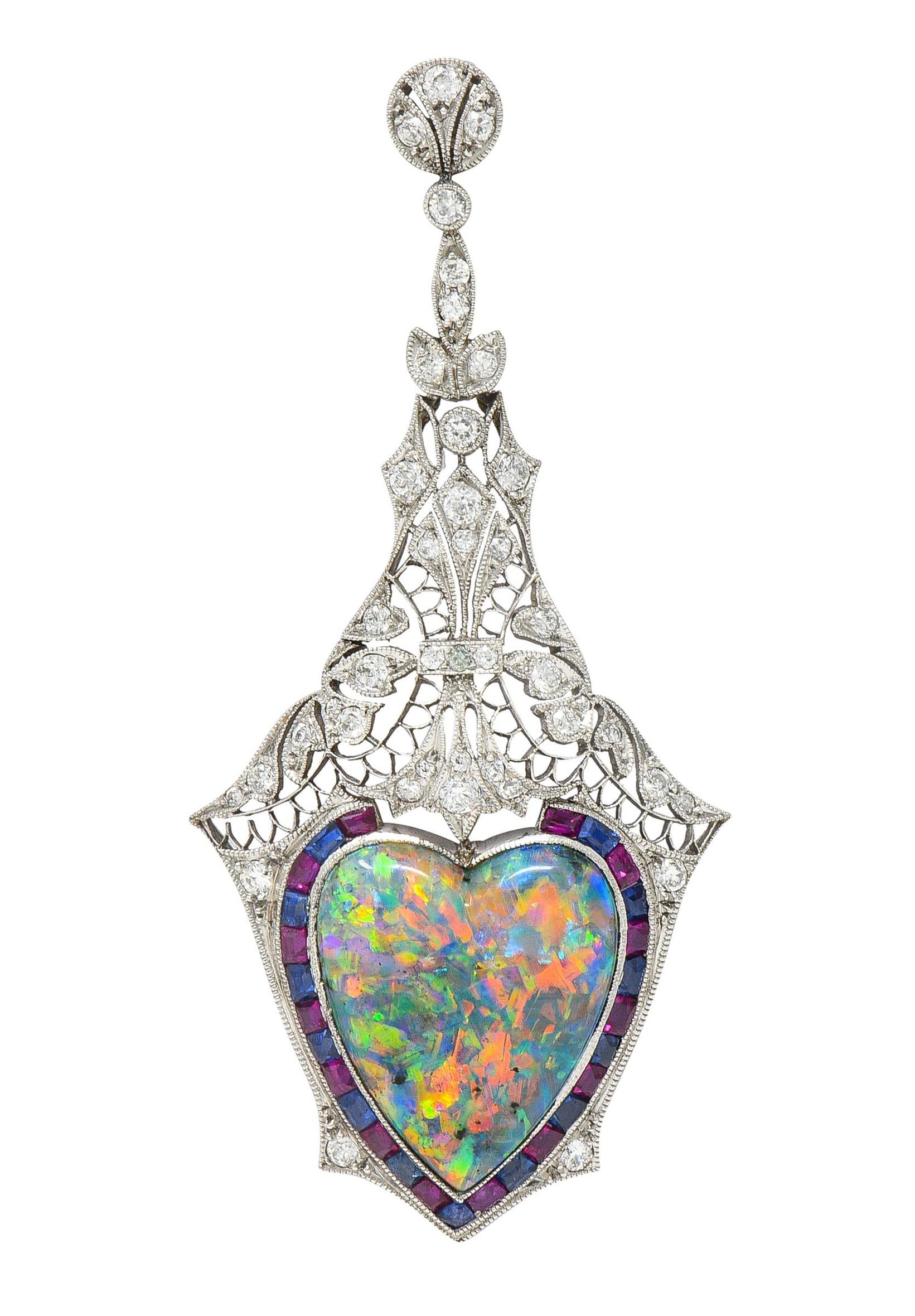 Edwardian 9.64 CTW Diamond Sapphire Ruby Heart Shaped Black Opal Antique Pendant