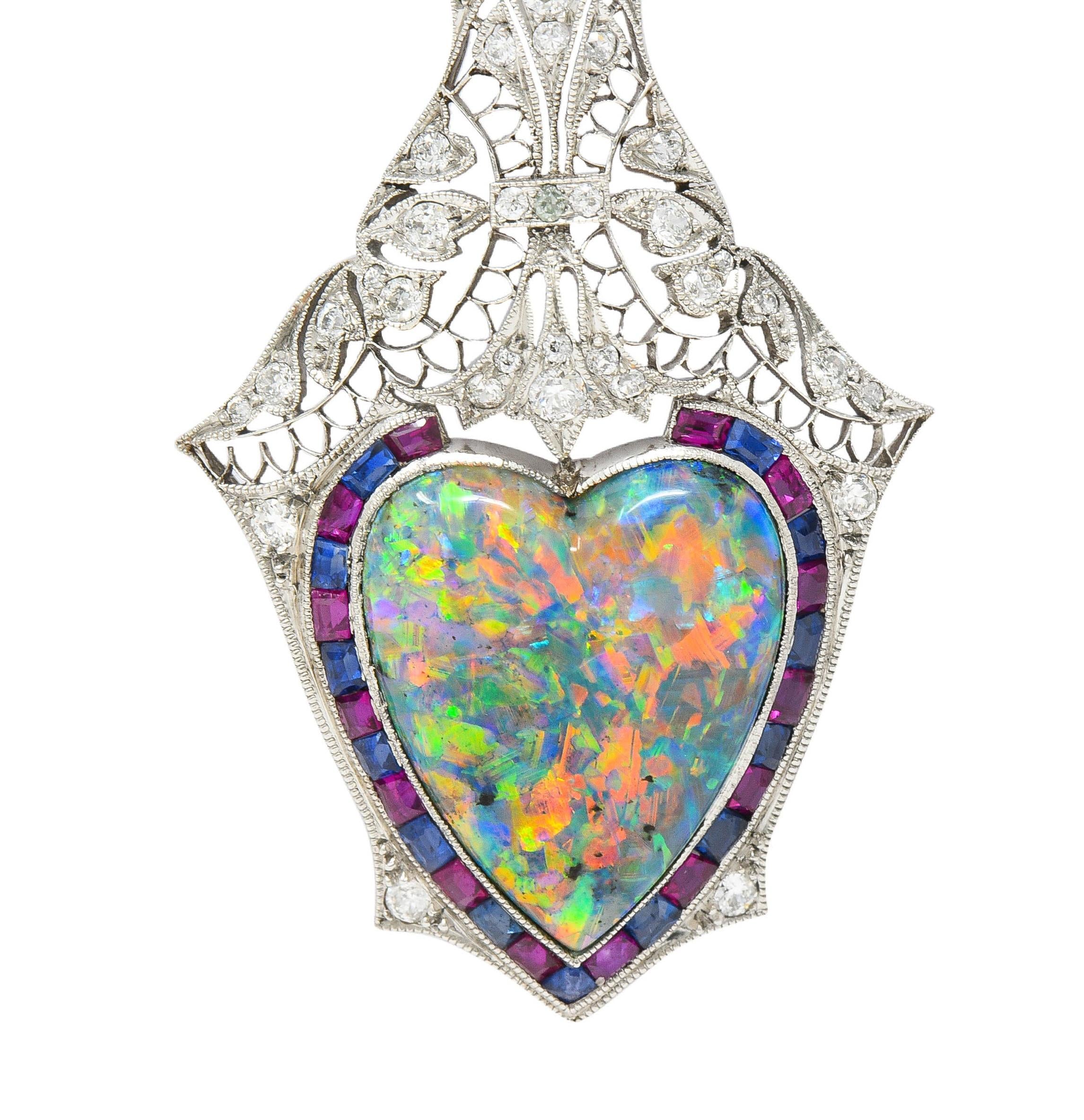 Edwardian 9.64 CTW Diamond Sapphire Ruby Heart Shaped Black Opal Antique Pendant