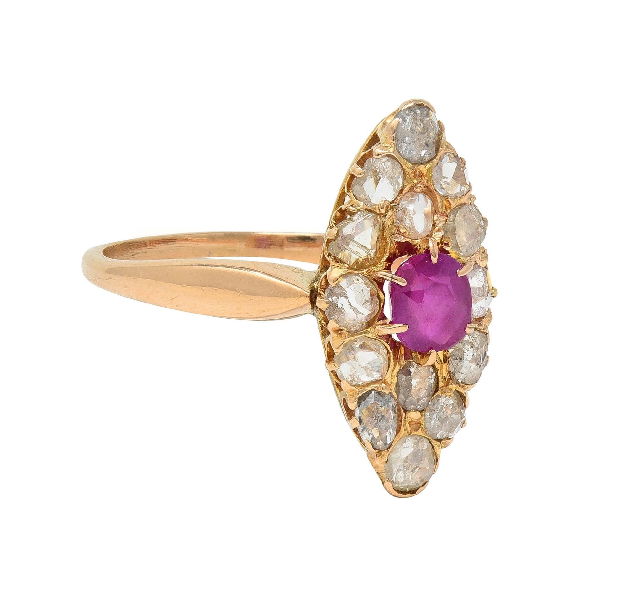 Victorian 1.20 CTW Ruby Diamond 18K Yellow Gold Antique Navette Cluster Ring