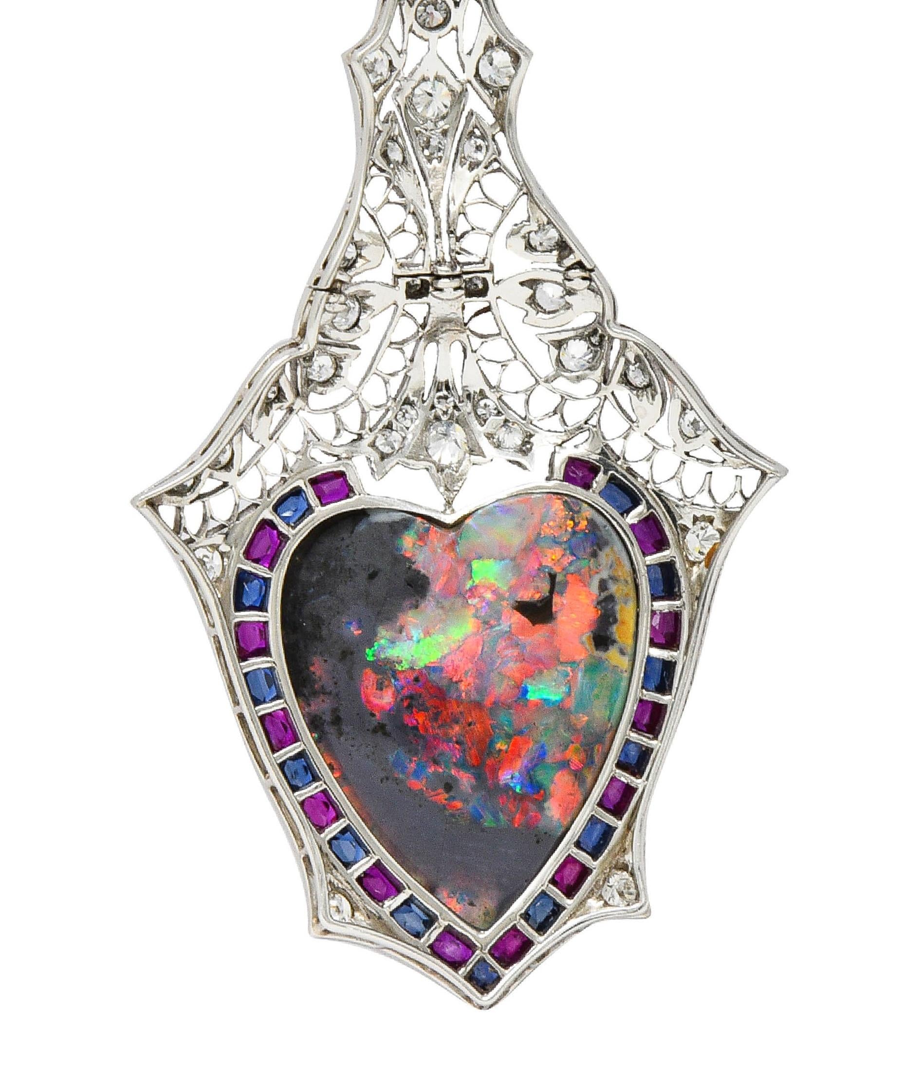 Edwardian 9.64 CTW Diamond Sapphire Ruby Heart Shaped Black Opal Antique Pendant