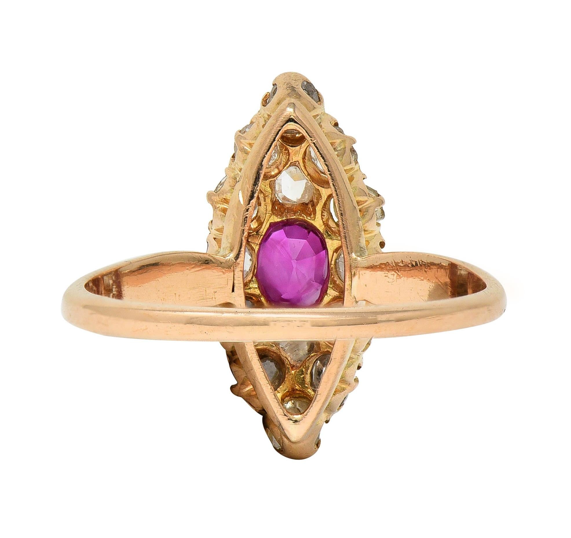 Victorian 1.20 CTW Ruby Diamond 18K Yellow Gold Antique Navette Cluster Ring