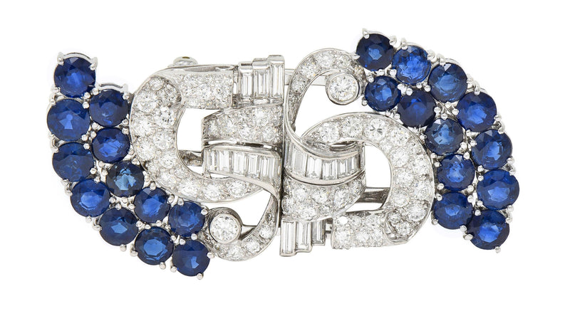 Cartier Mid-Century 13.92 CTW Sapphire Diamond Platinum Vintage Brooch Clips