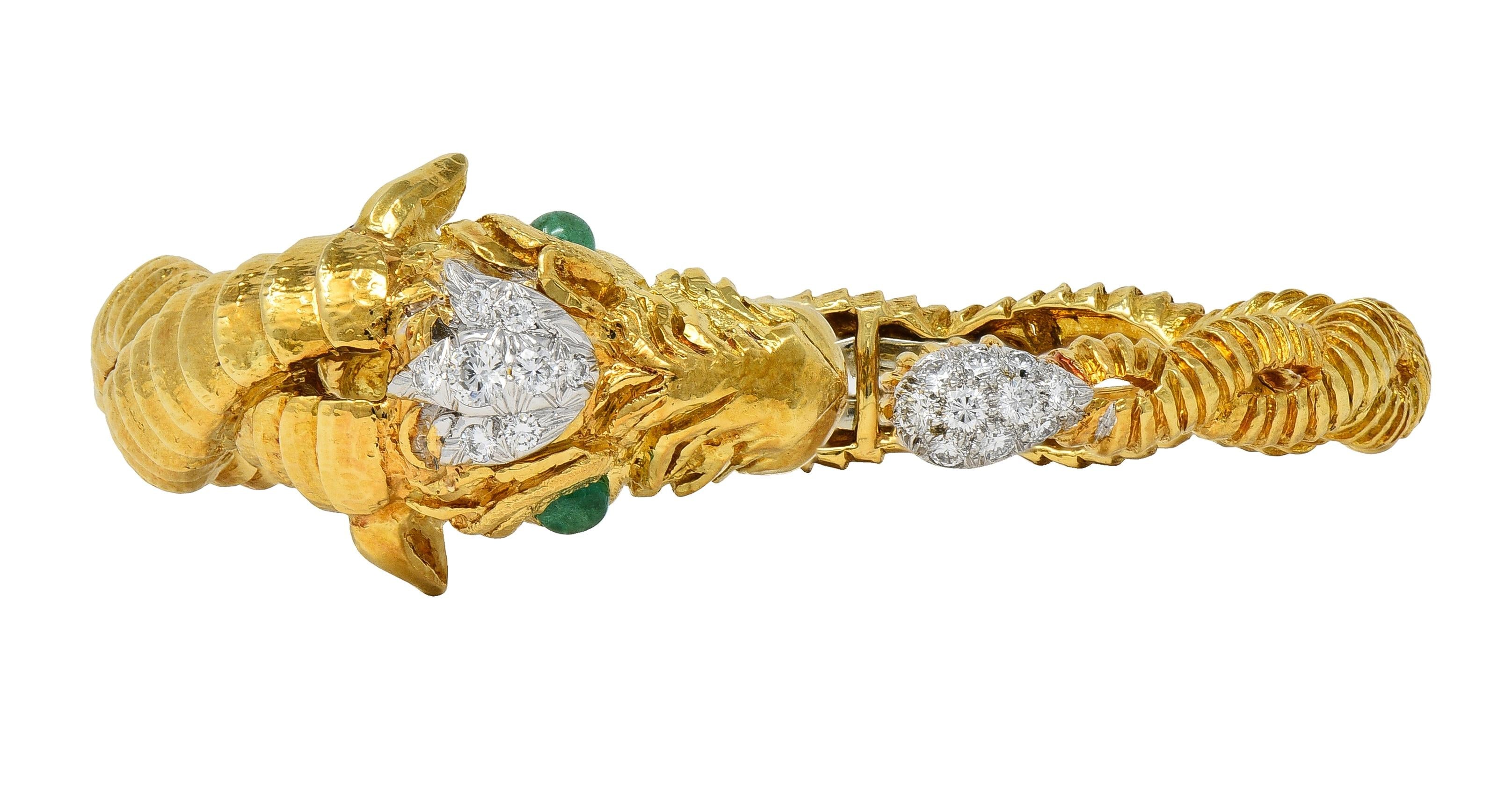 David Webb 1980's Emerald Diamond 18 Karat Platinum Aries Ram Animal Bracelet