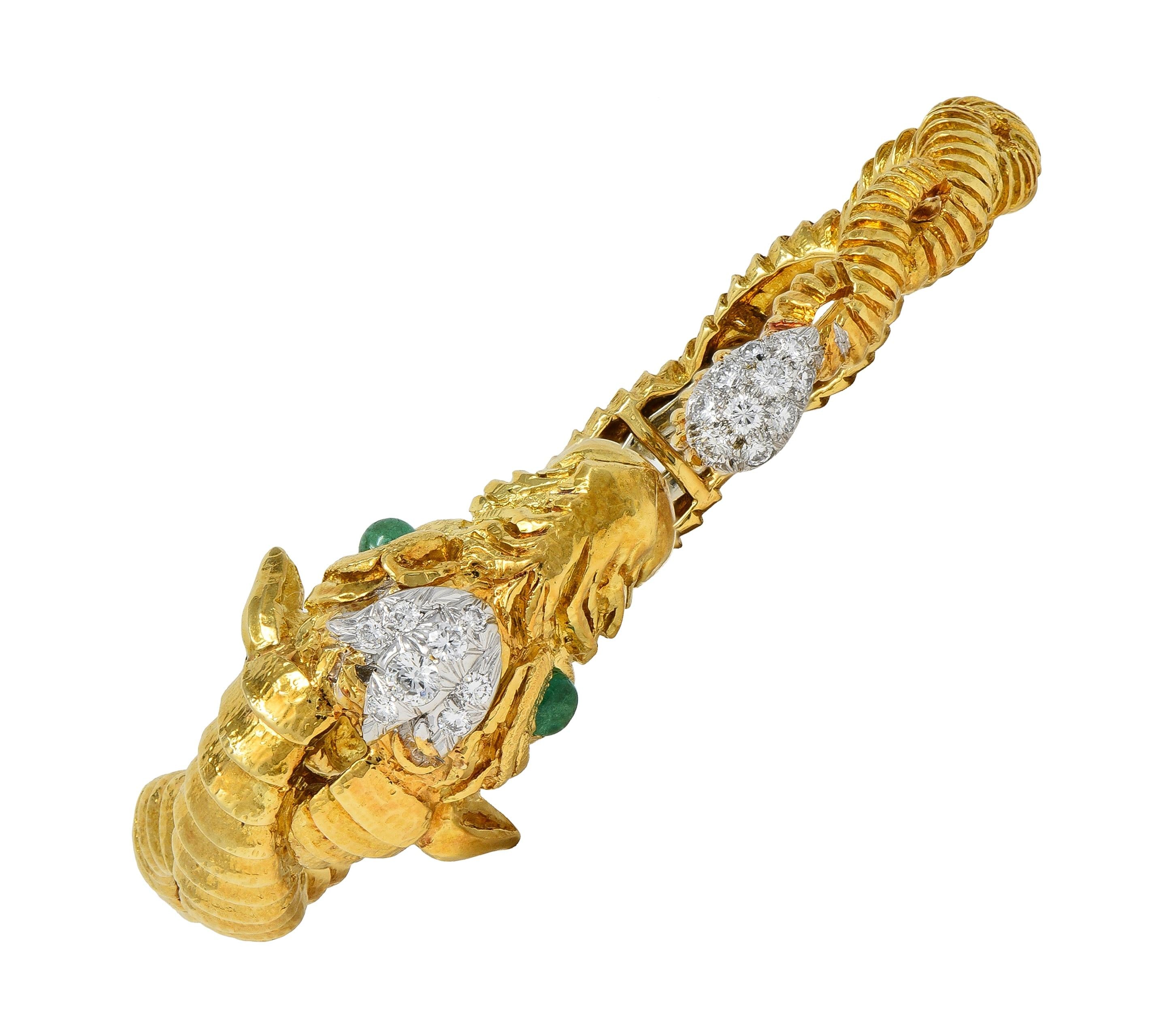 David Webb 1980's Emerald Diamond 18 Karat Platinum Aries Ram Animal Bracelet