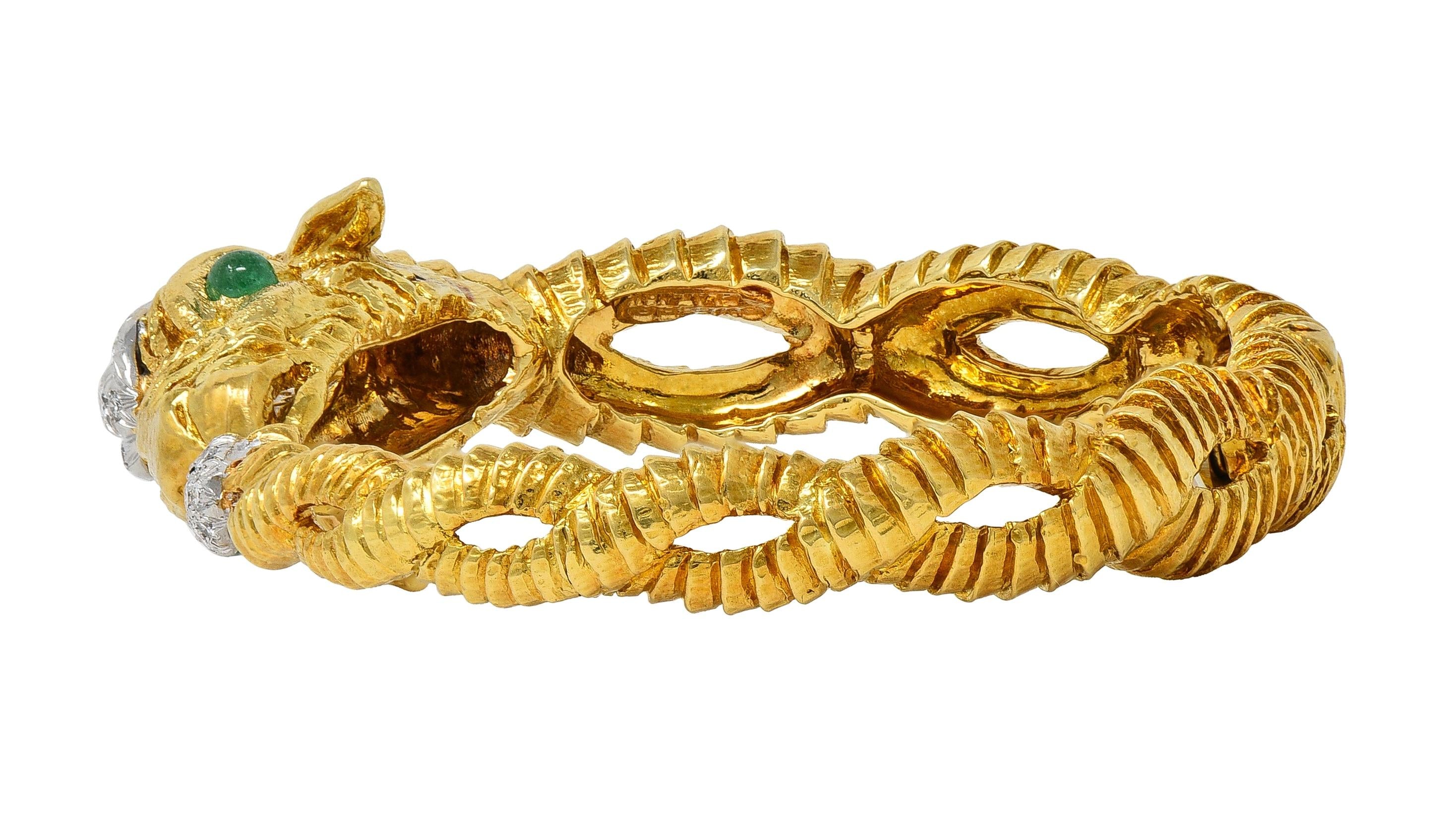 David Webb 1980's Emerald Diamond 18 Karat Platinum Aries Ram Animal Bracelet