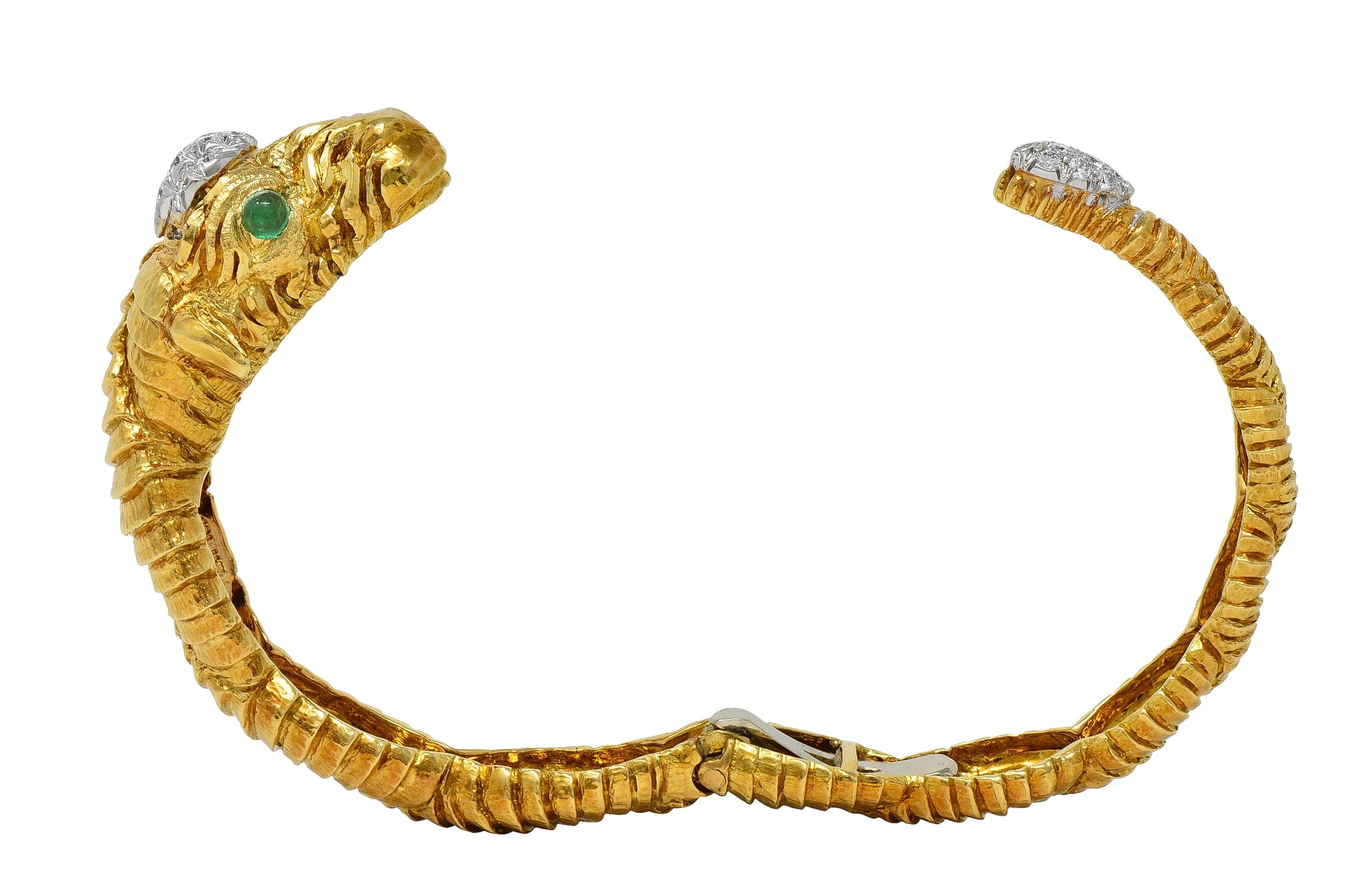 David Webb 1980's Emerald Diamond 18 Karat Platinum Aries Ram Animal Bracelet