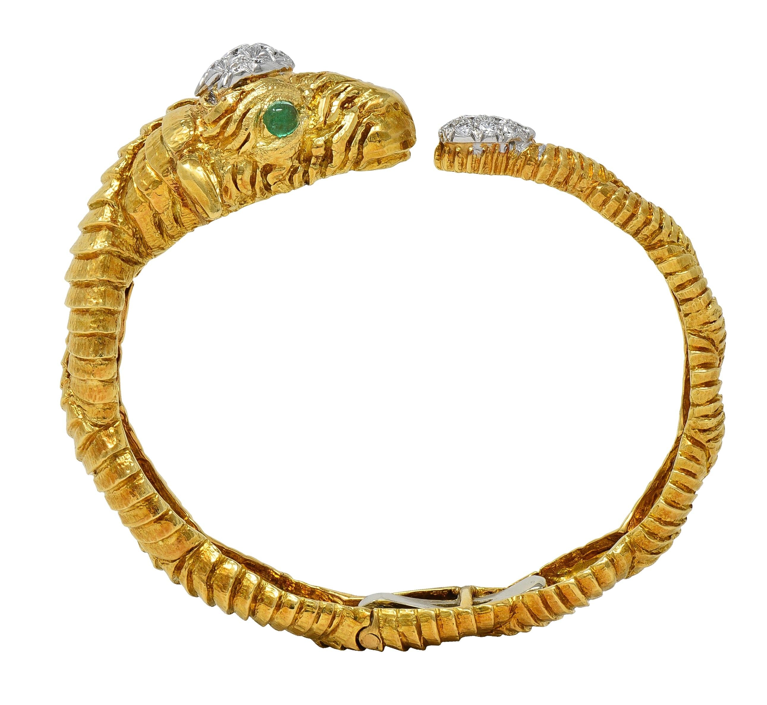 David Webb 1980's Emerald Diamond 18 Karat Platinum Aries Ram Animal Bracelet