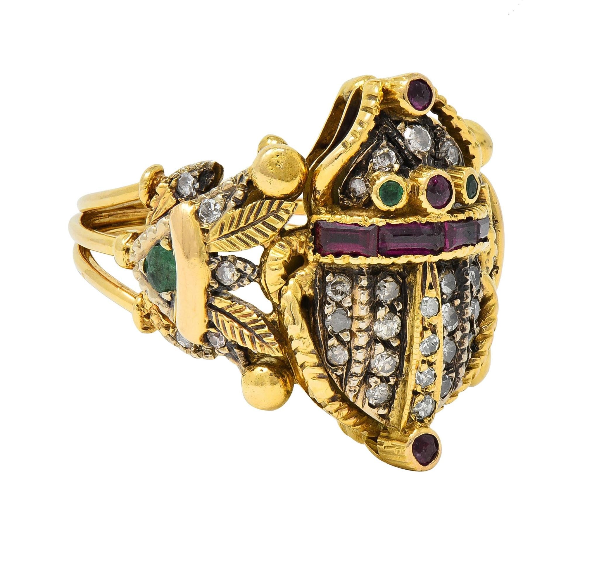 Mid-Century 1.32 CTW Diamond Emerald Ruby 18 Karat Gold Antique Scarab Ring