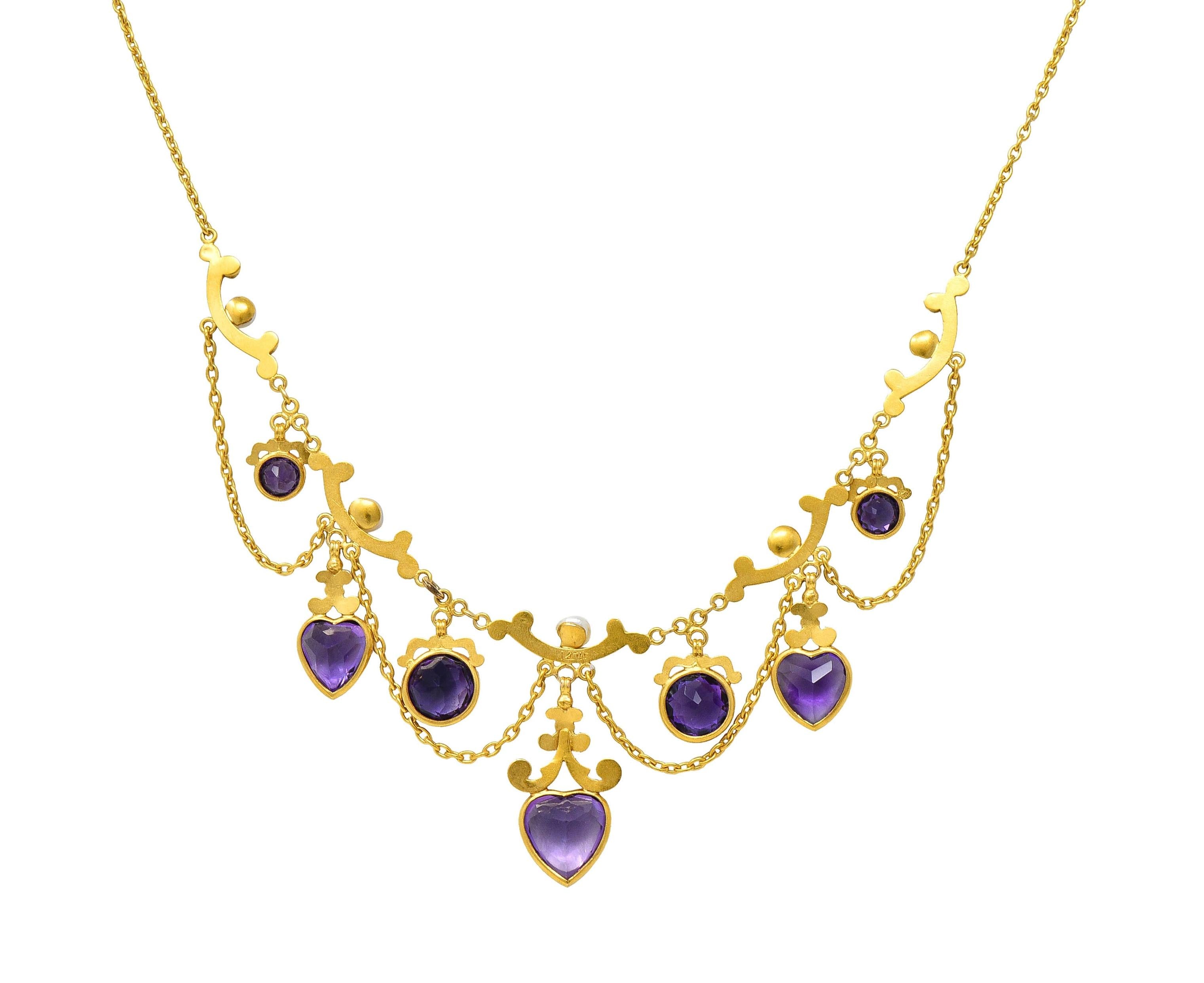 Victorian Amethyst Pearl 14 Karat Yellow Gold Antique Swagged Heart Necklace