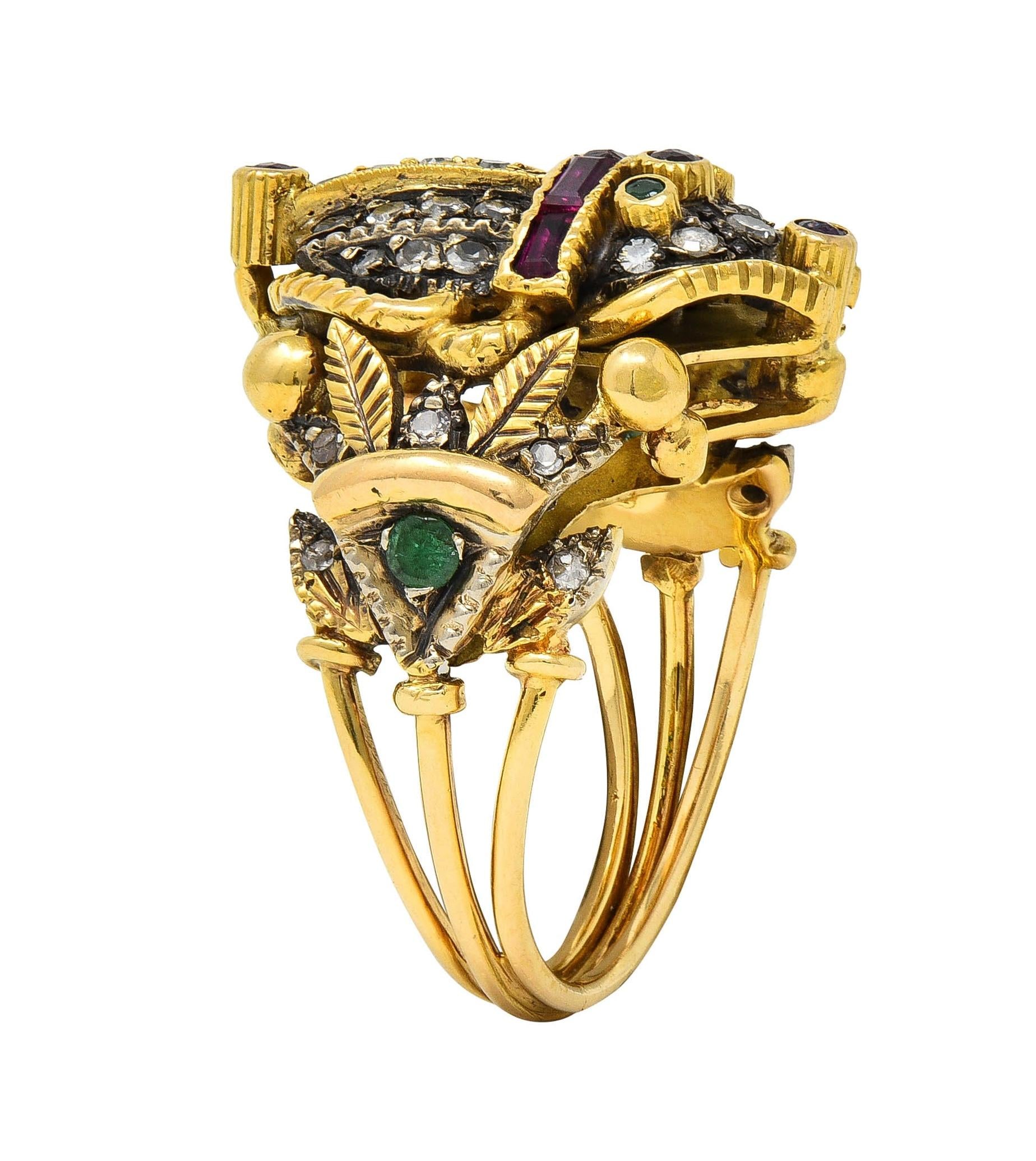 Mid-Century 1.32 CTW Diamond Emerald Ruby 18 Karat Gold Antique Scarab Ring