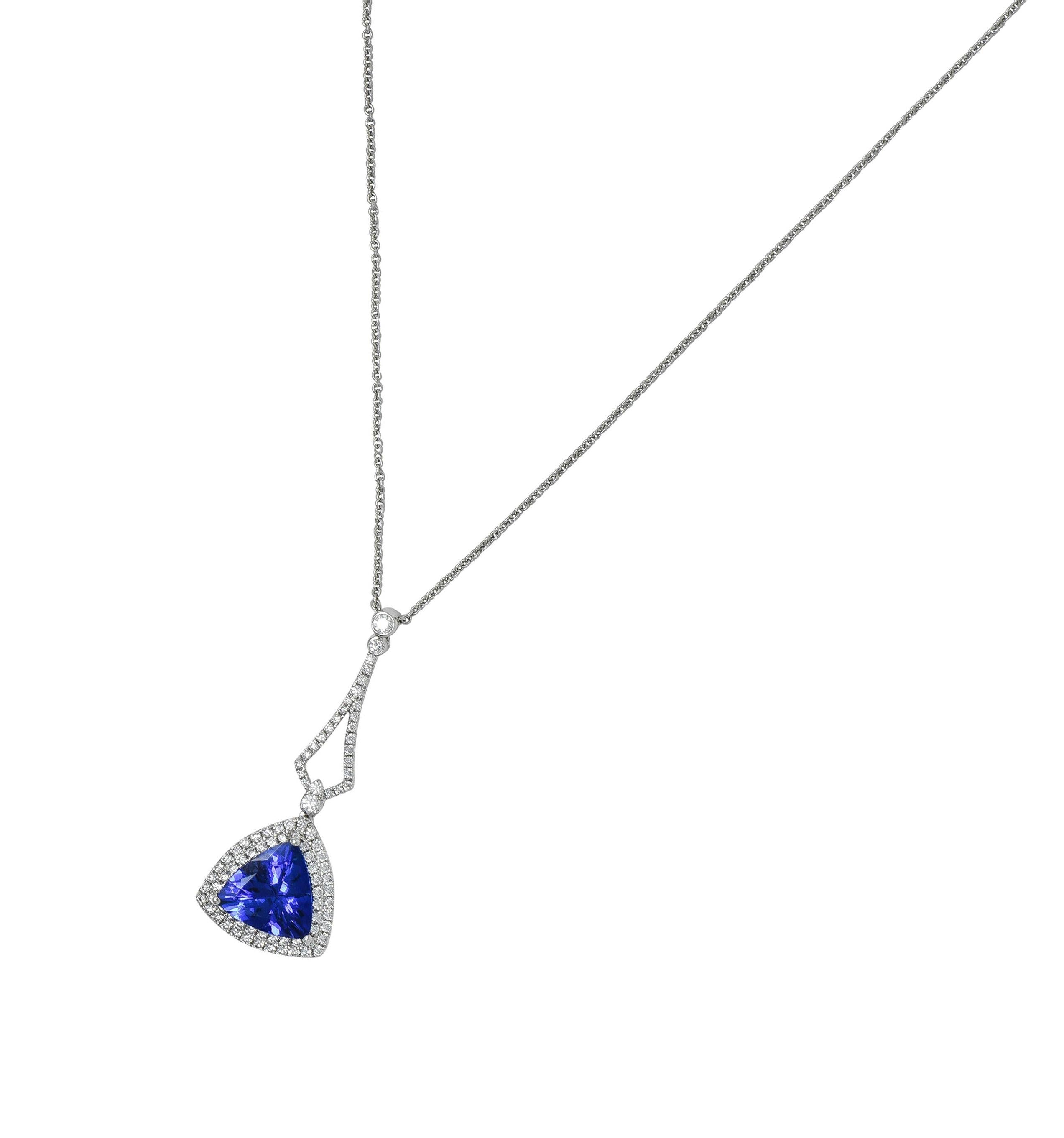 Contemporary 4.30 CTW Tanzanite Diamond 18 Karat White Gold Pendant Necklace