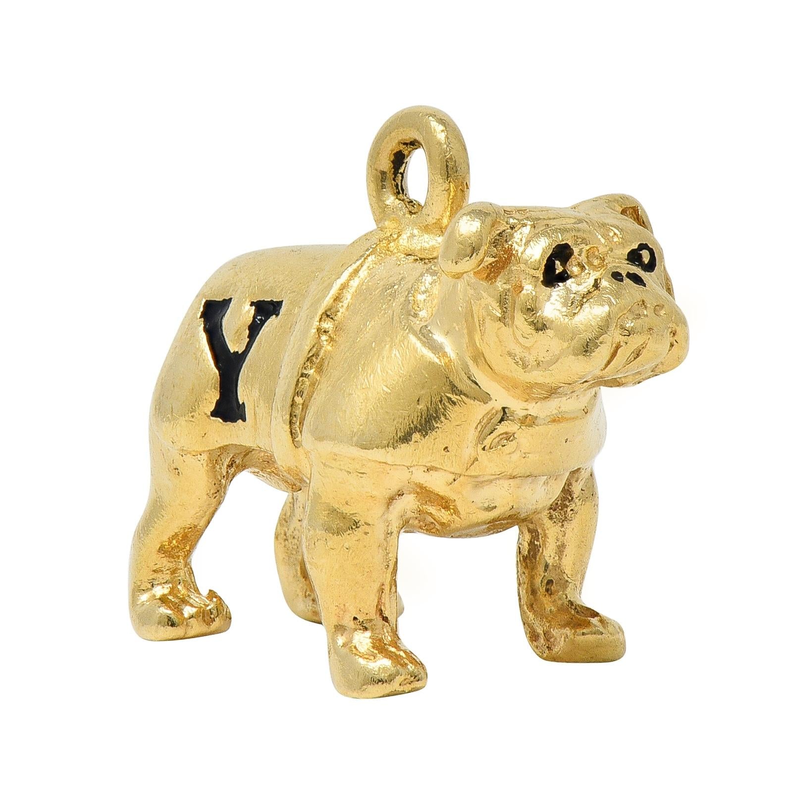 1950's Enamel 14 Karat Yellow Gold Vintage Yale Bulldog Dog Pendant Charm