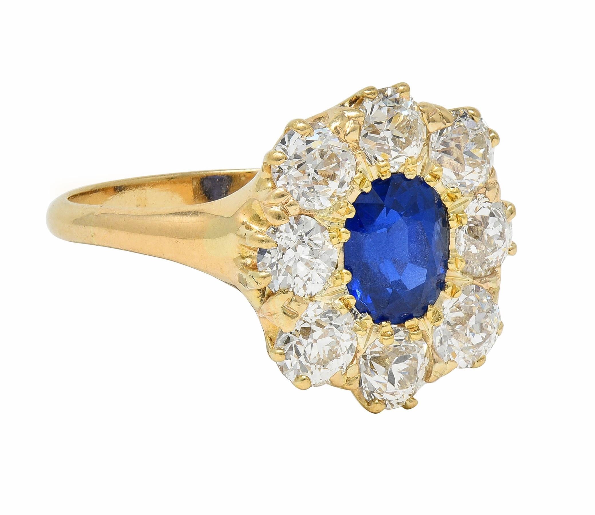 Victorian 3.20 CTW No Heat Burma Sapphire Diamond 14K Gold Antique Halo Ring GIA