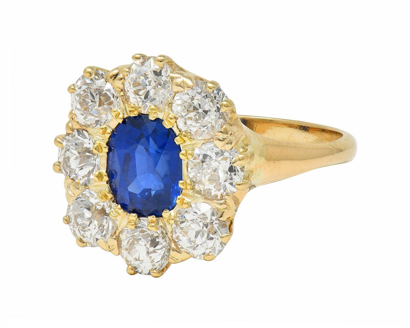 Victorian 3.20 CTW No Heat Burma Sapphire Diamond 14K Gold Antique Halo Ring GIA