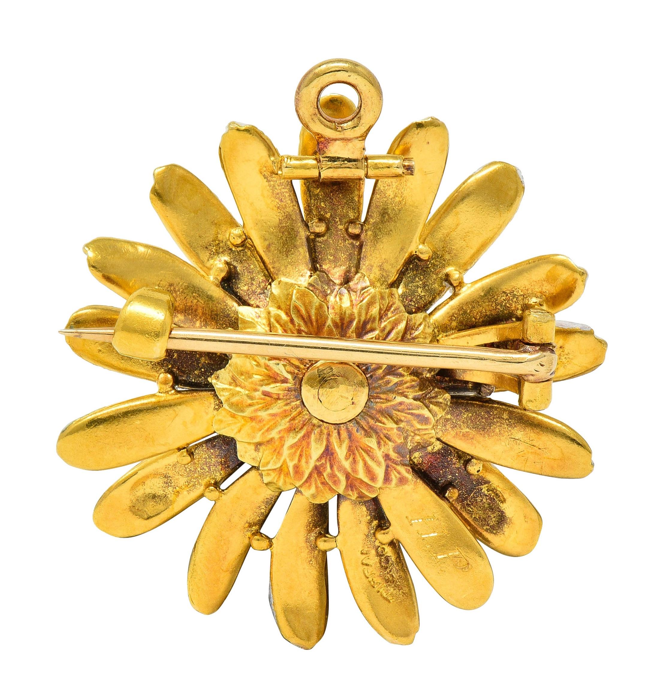 Tiffany & Co. Antique Enamel 18 Karat Yellow Gold Daisy Flower Pendant Brooch