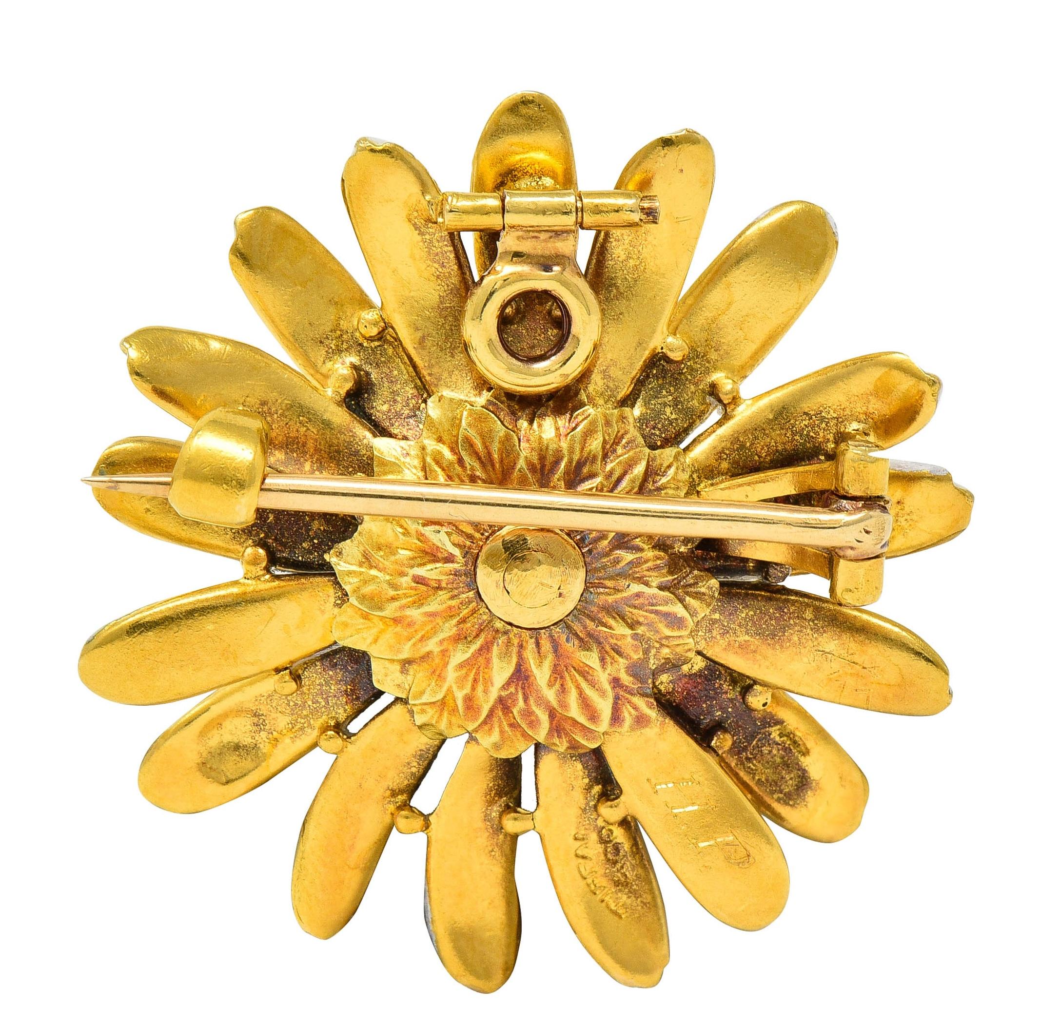 Tiffany & Co. Antique Enamel 18 Karat Yellow Gold Daisy Flower Pendant Brooch