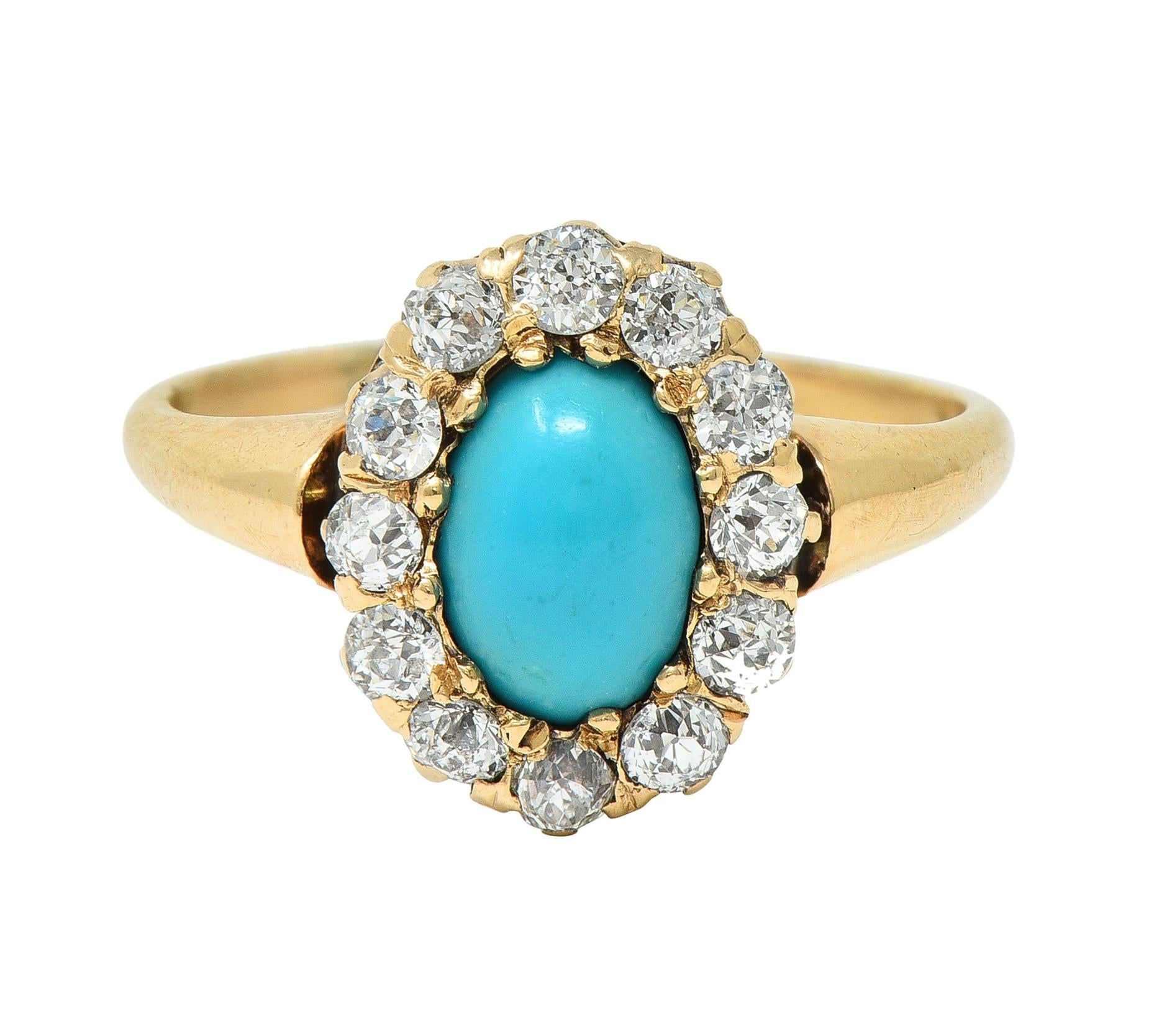 Victorian Turquoise Diamond 14 Karat Yellow Gold Antique Halo Ring