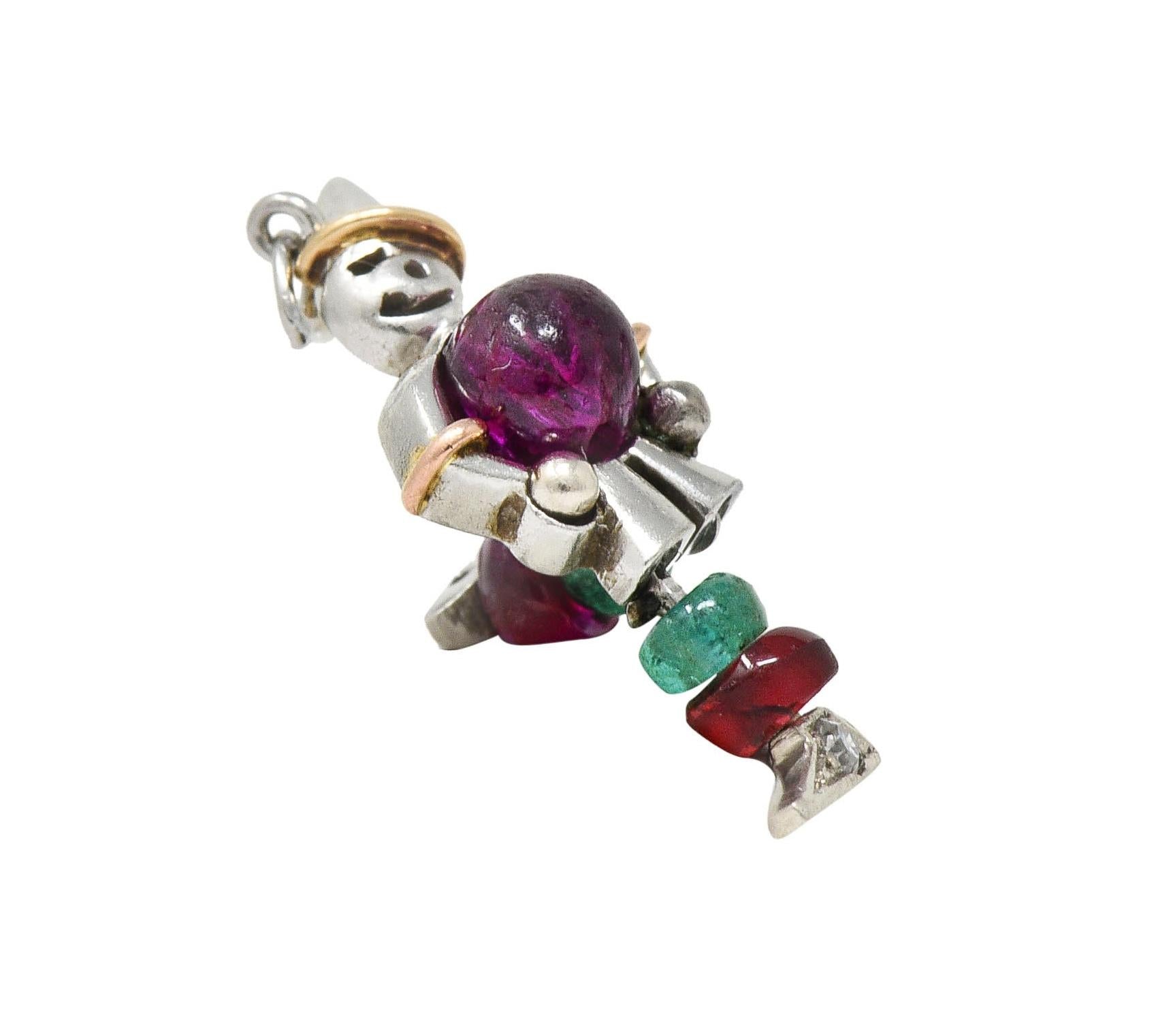 Art Deco Ruby Emerald Diamond Platinum 14 Karat Gold Vintage Clown Charm