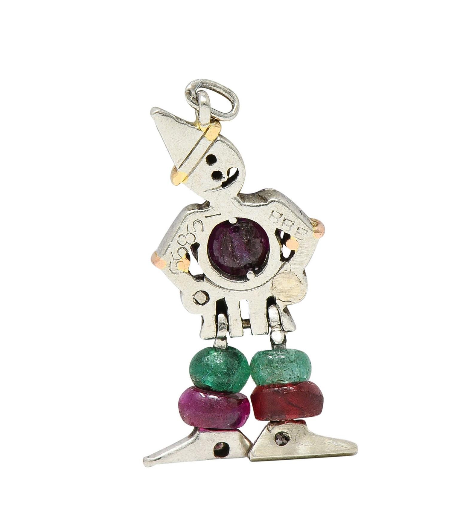 Art Deco Ruby Emerald Diamond Platinum 14 Karat Gold Vintage Clown Charm