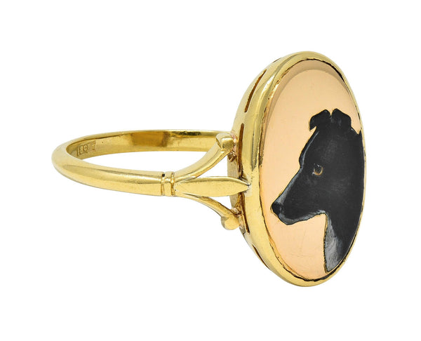 Victorian Enamel 18 Karat Yellow Gold Border Collie Dog Antique Signet Ring