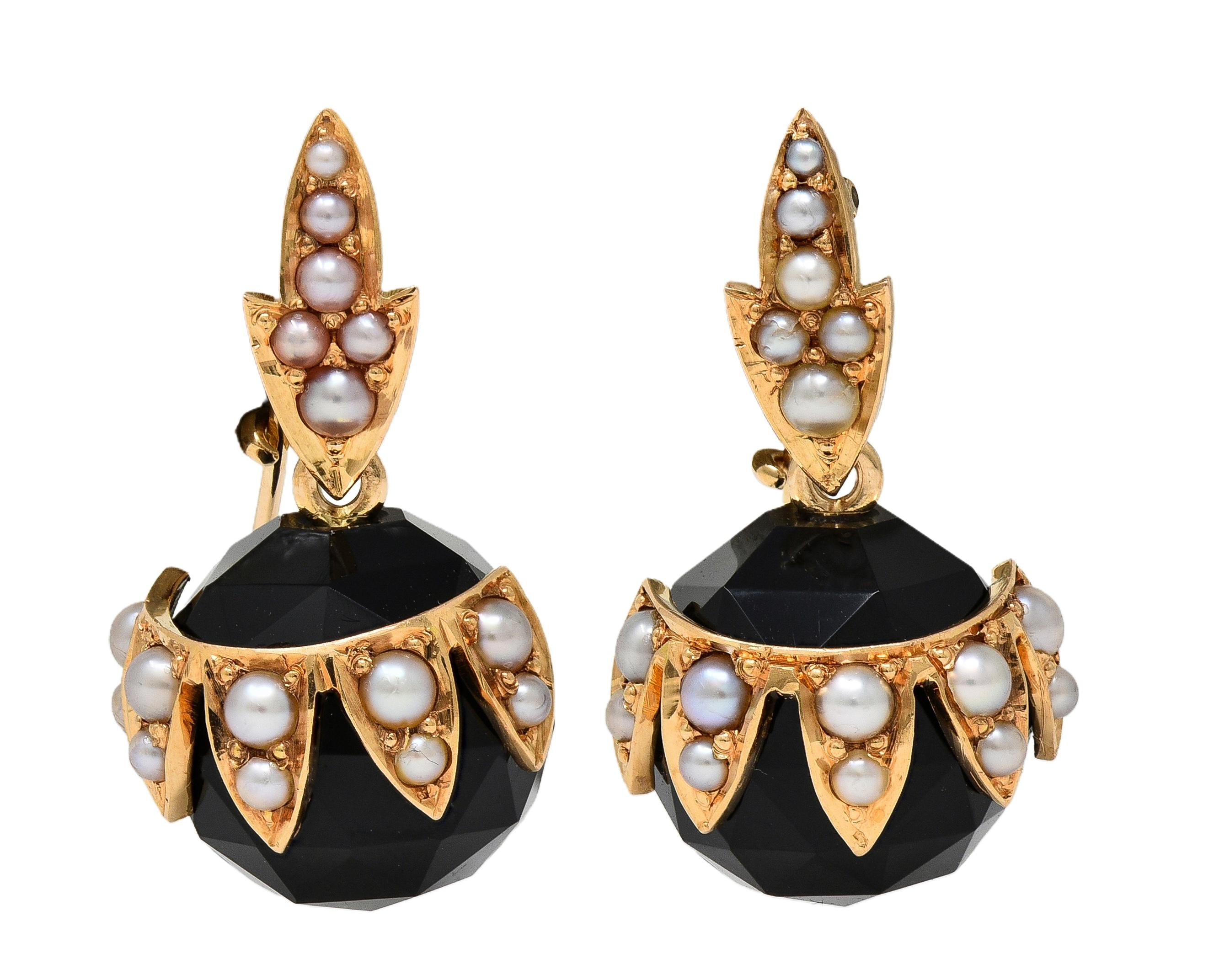Victorian Pearl Onyx 14 Karat Yellow Gold Antique Foliate Drop Earrings