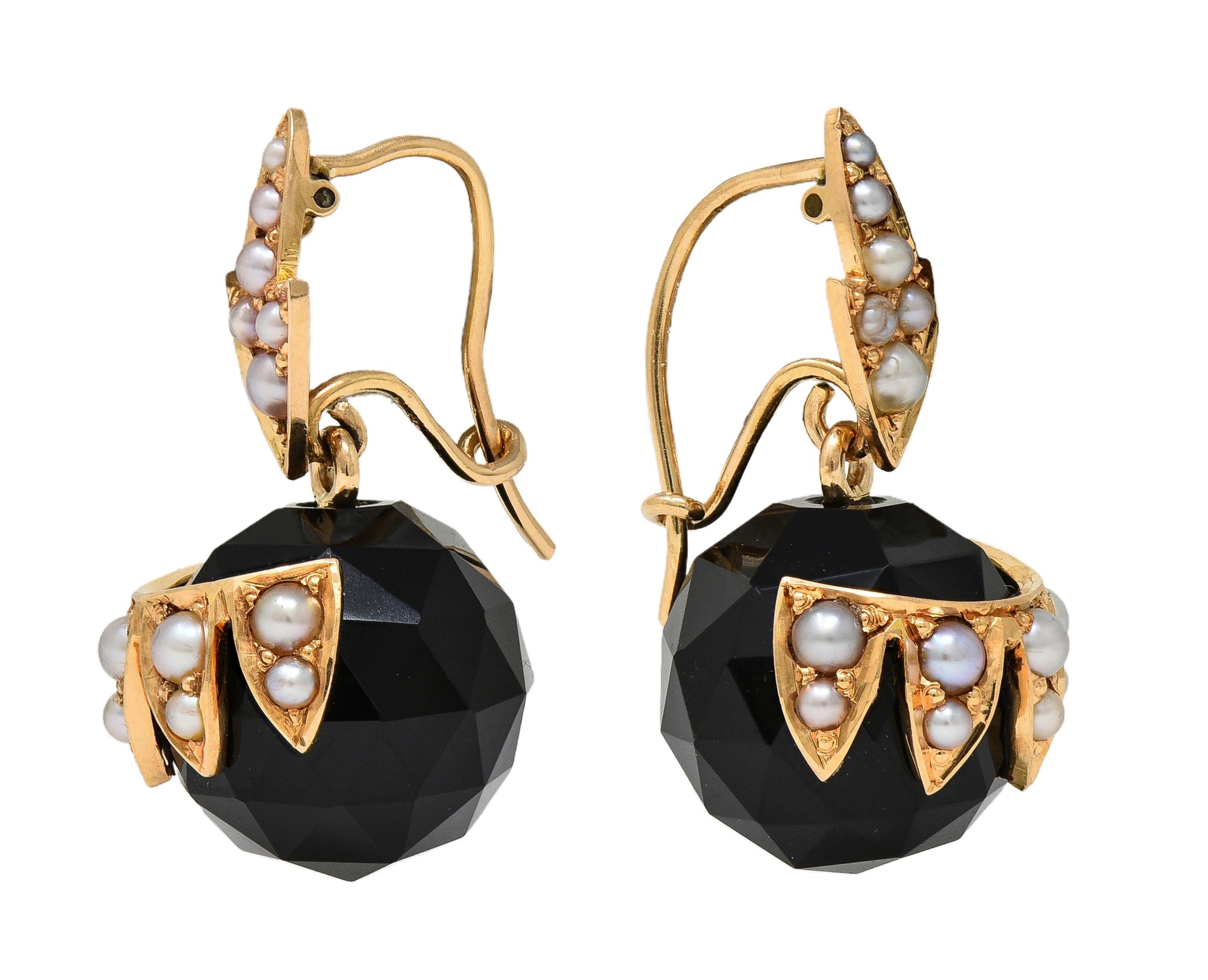 Victorian Pearl Onyx 14 Karat Yellow Gold Antique Foliate Drop Earrings