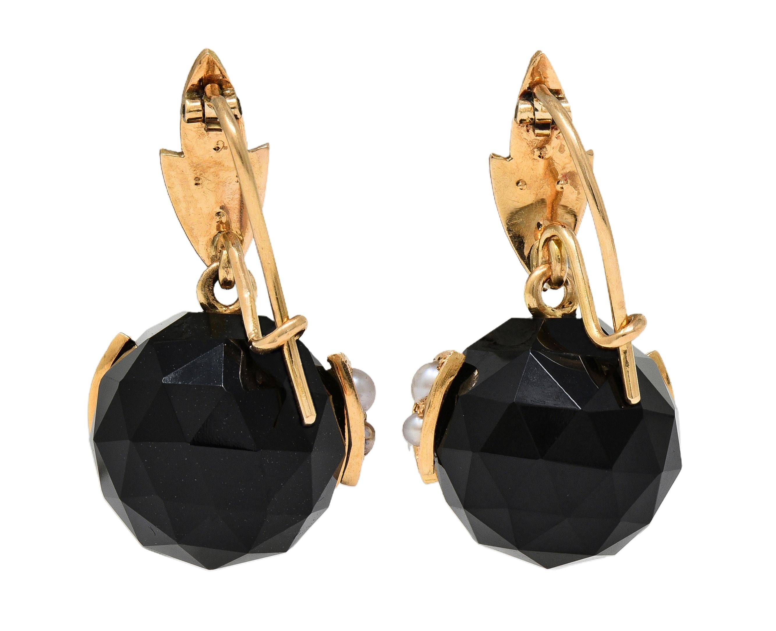 Victorian Pearl Onyx 14 Karat Yellow Gold Antique Foliate Drop Earrings