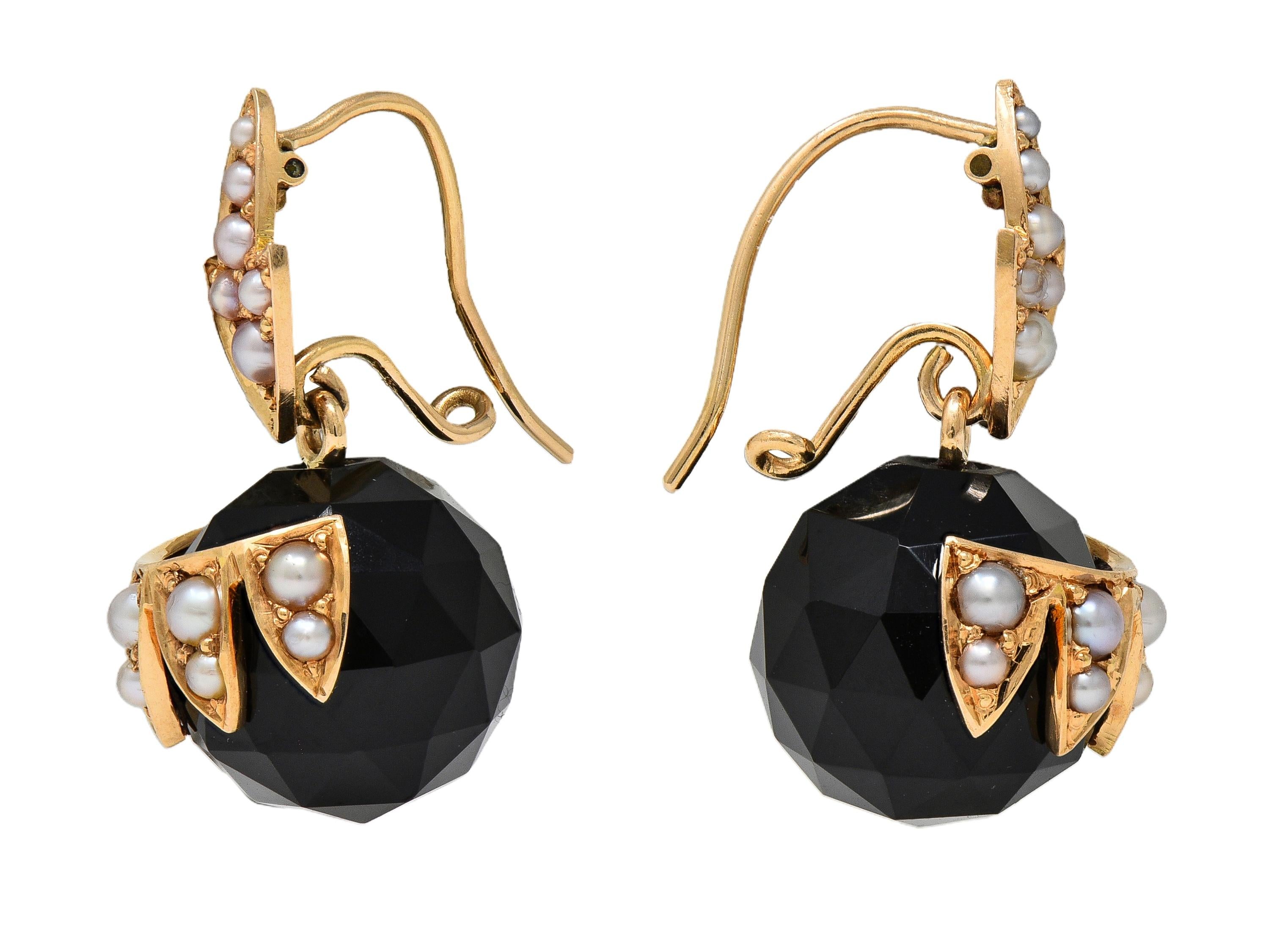 Victorian Pearl Onyx 14 Karat Yellow Gold Antique Foliate Drop Earrings