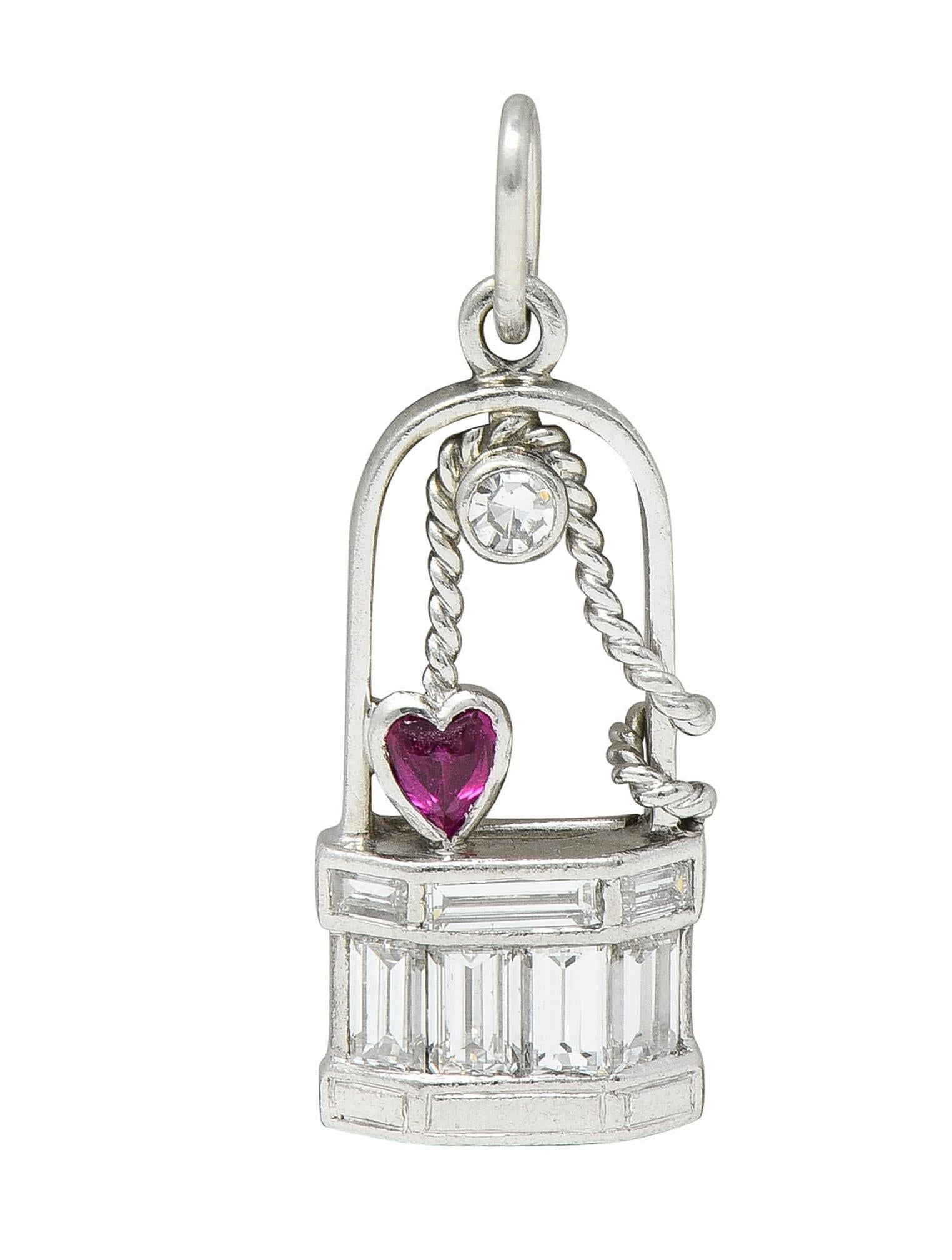 Art Deco Ruby Diamond Platinum Vintage Wishing Well Heart Charm