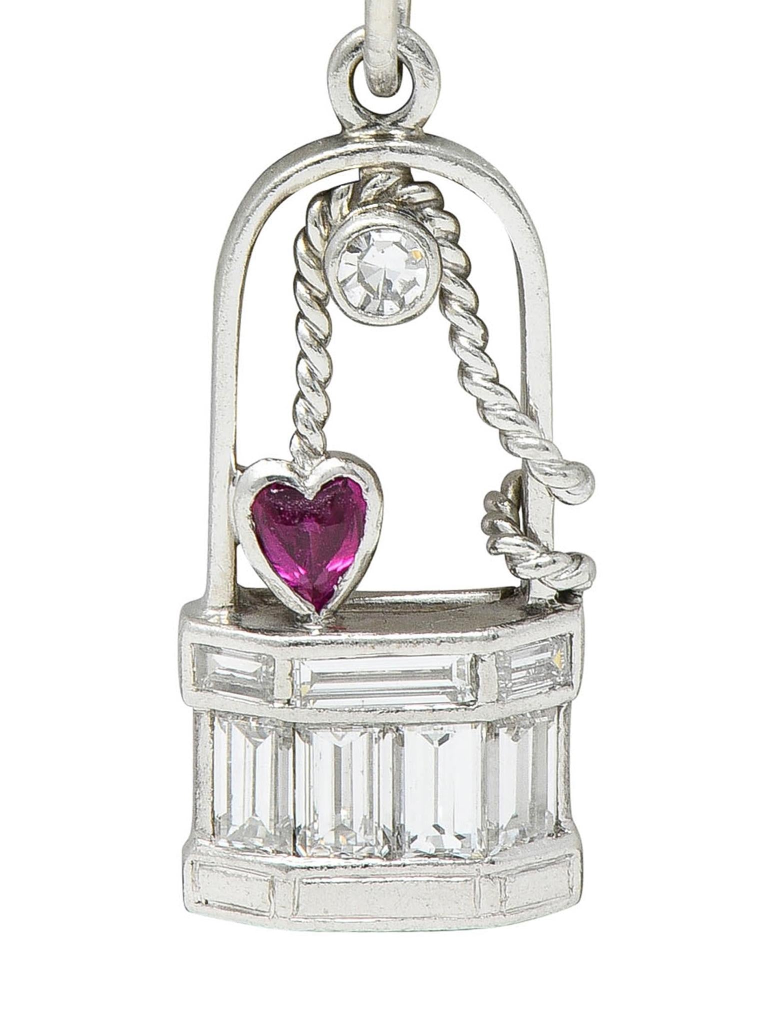 Art Deco Ruby Diamond Platinum Vintage Wishing Well Heart Charm