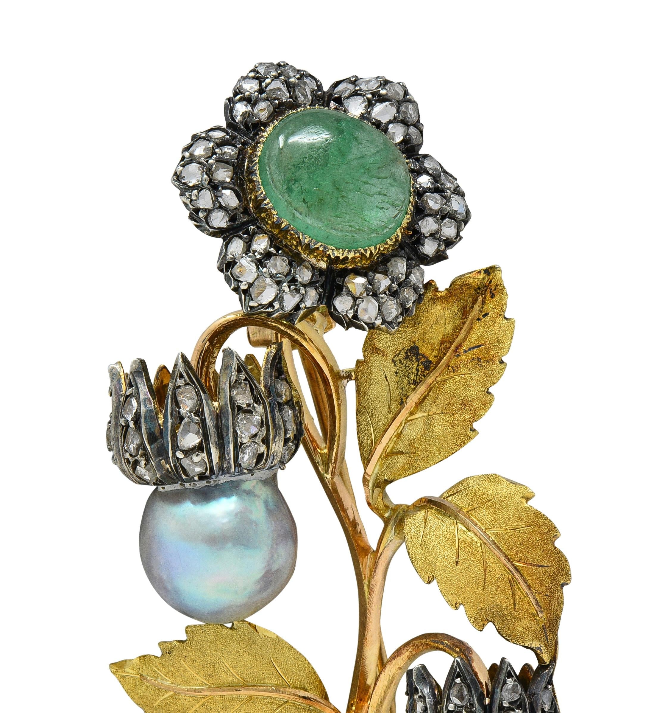 Buccellati 1950's Emerald Diamond Pearl 18K Yellow Gold Vintage Flower Brooch