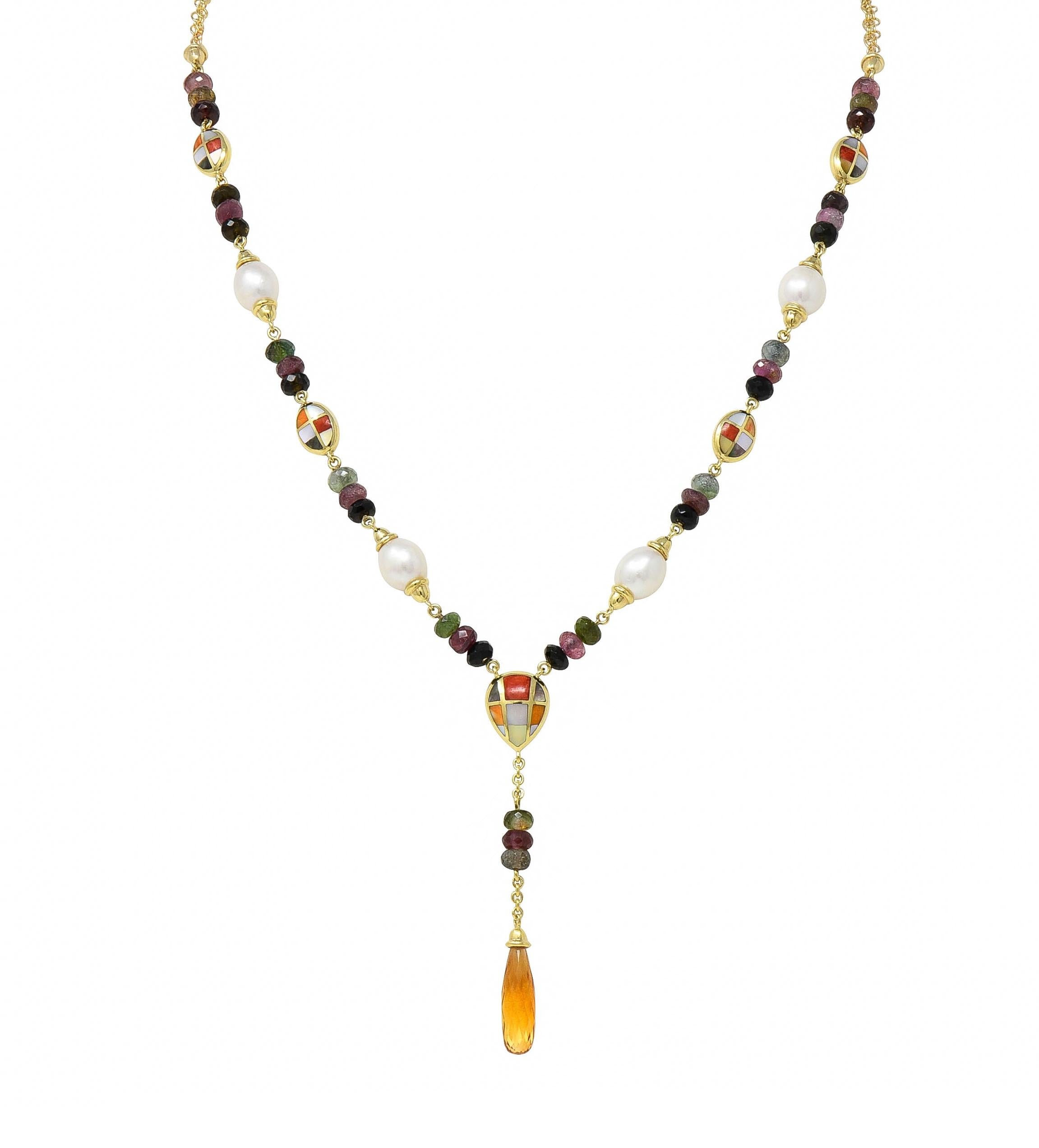 Asch Grossbardt 2000 Pearl Citrine Multi-Gem Inlay 14K Gold Lariat Drop Necklace