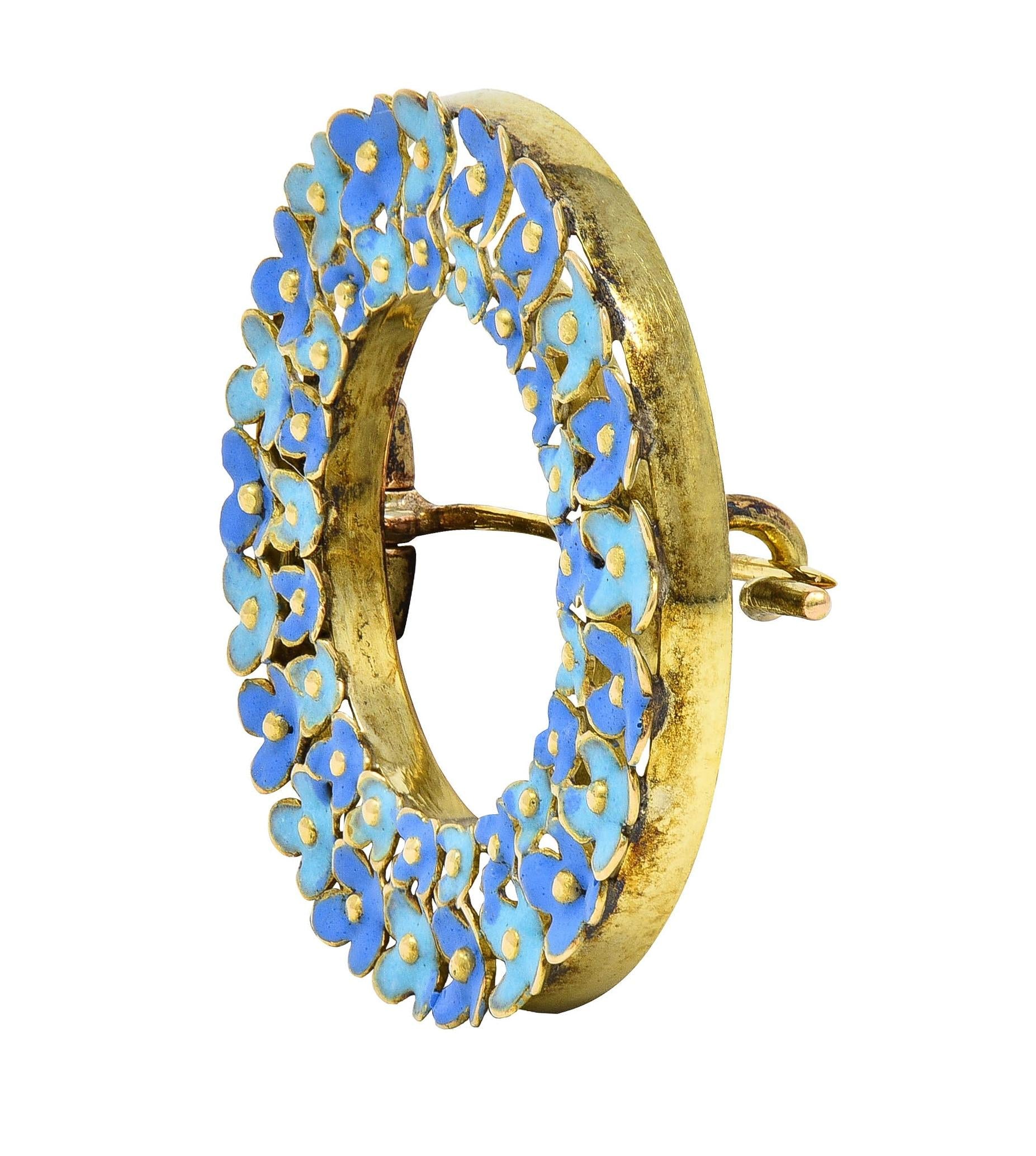 Art Nouveau Enamel 14 Karat Gold Forget-Me-Not Antique Wreath Circle Brooch