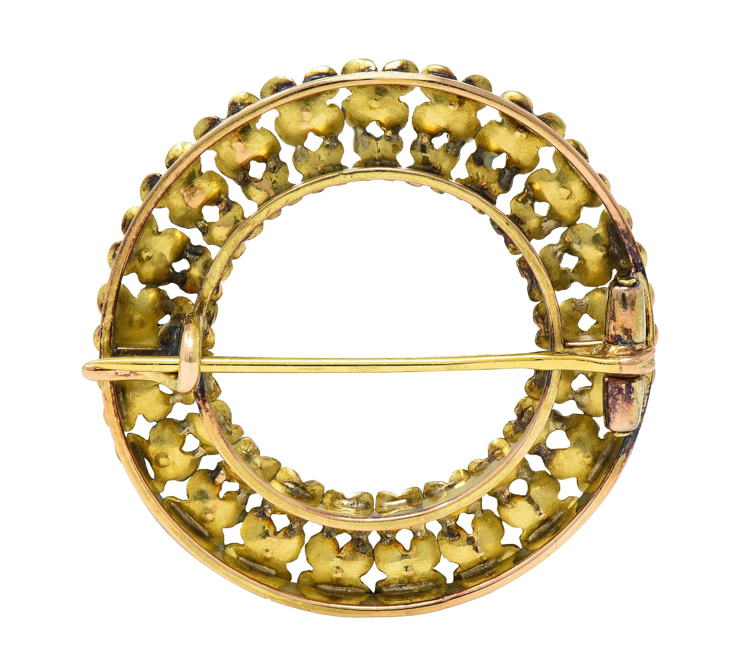 Art Nouveau Enamel 14 Karat Gold Forget-Me-Not Antique Wreath Circle Brooch