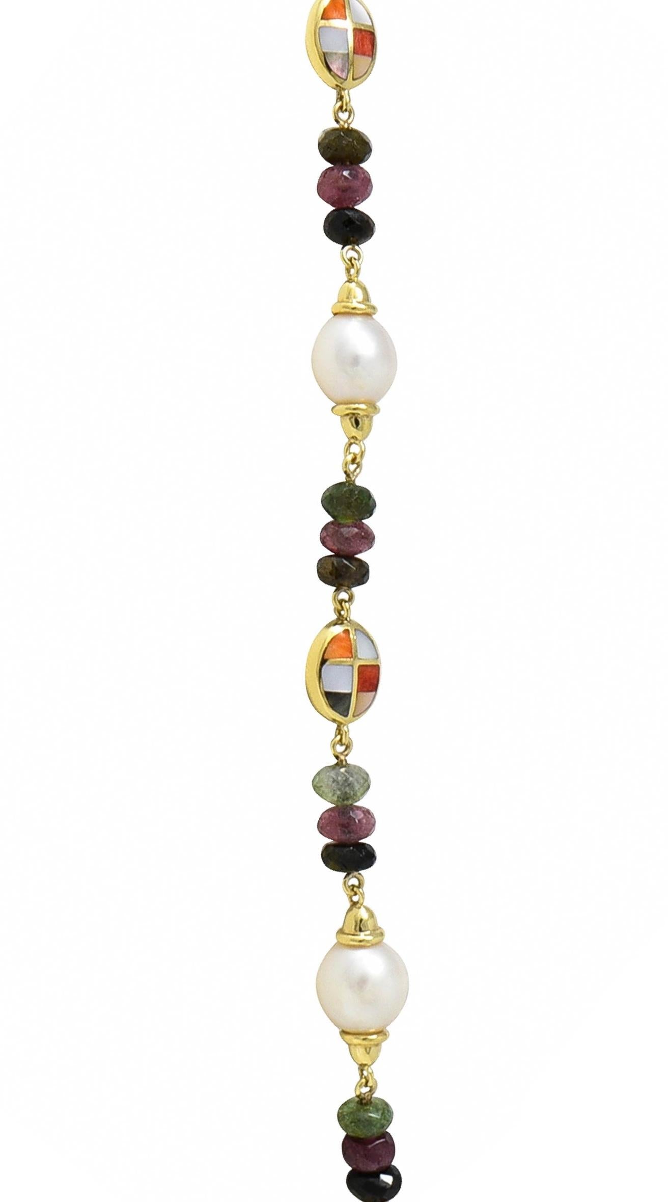 Asch Grossbardt 2000 Pearl Citrine Multi-Gem Inlay 14K Gold Lariat Drop Necklace