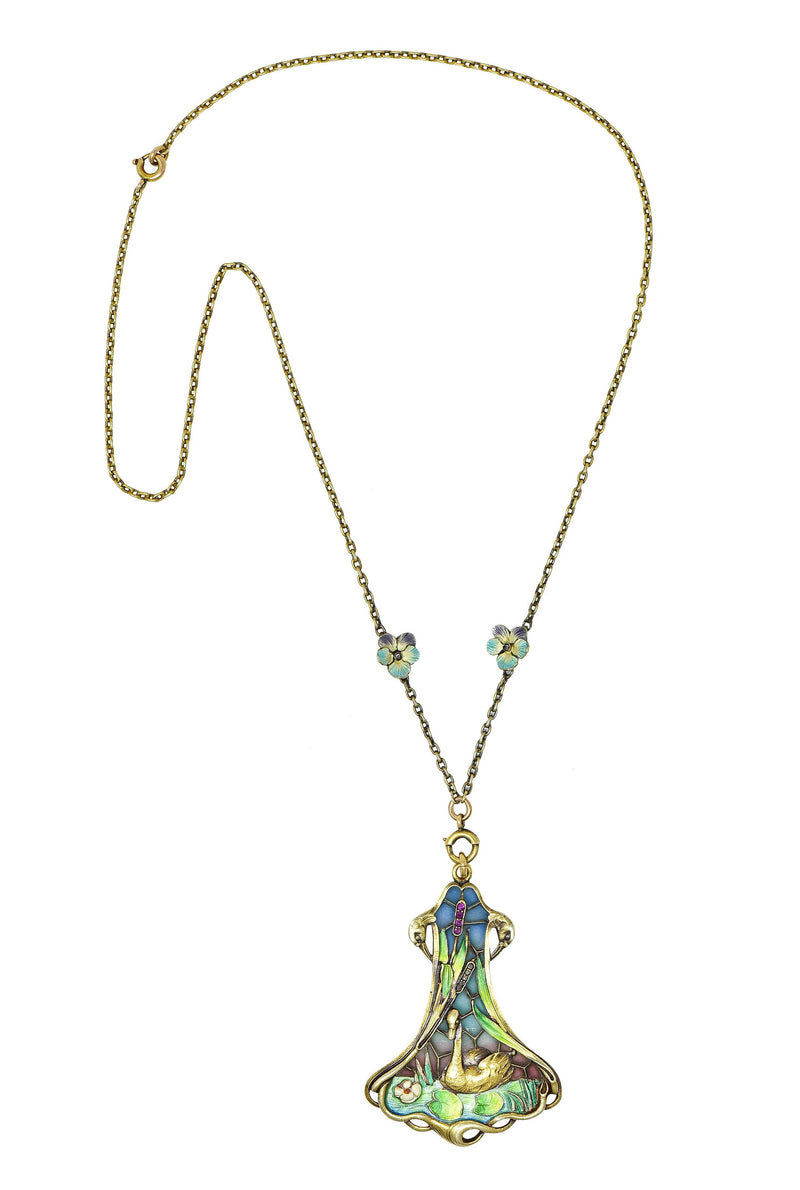 Art Nouveau Plique-A-Jour Enamel 14 Karat Gold Antique Swan Pendant Necklace