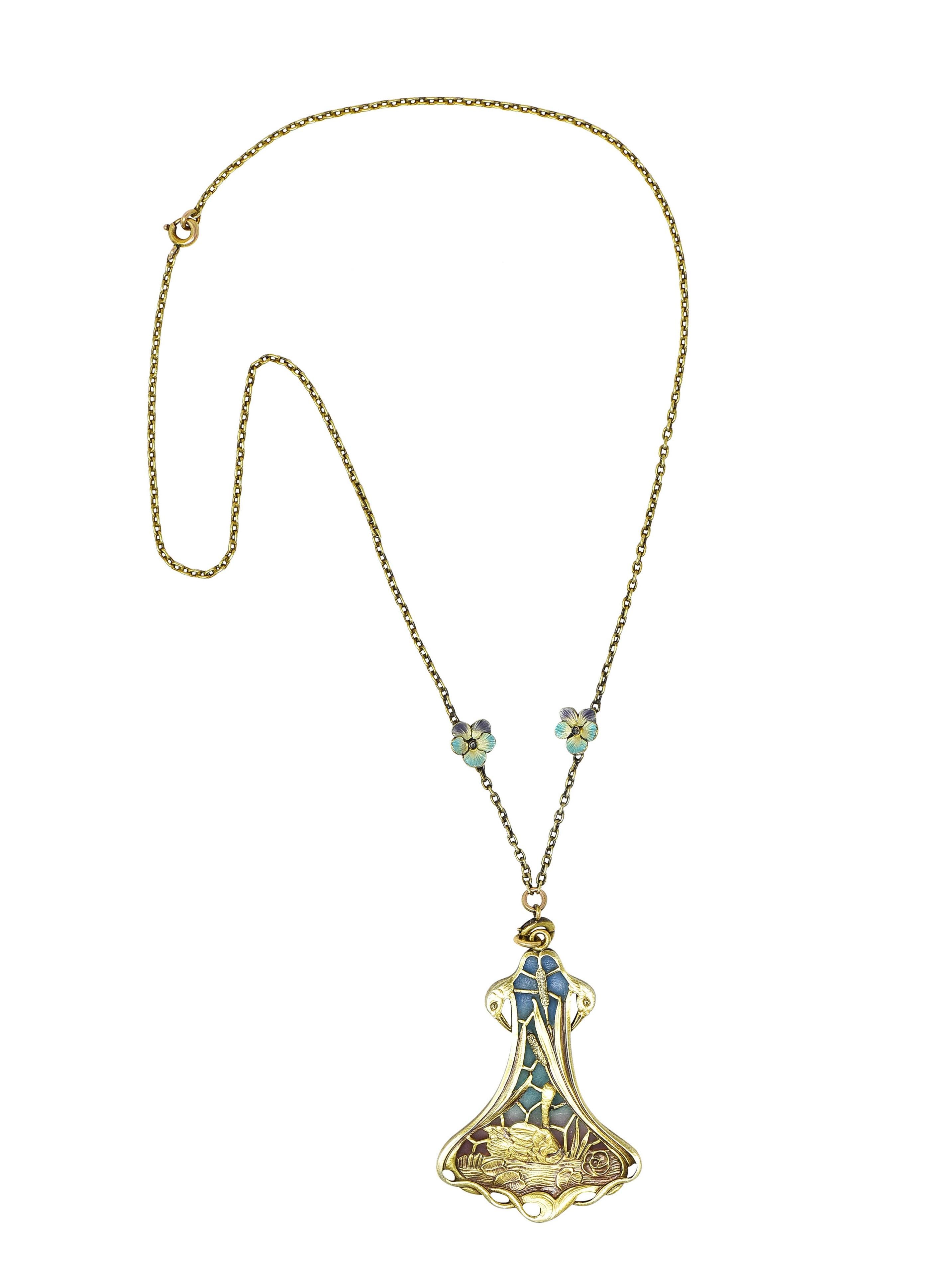 Art Nouveau Plique-A-Jour Enamel 14 Karat Gold Antique Swan Pendant Necklace