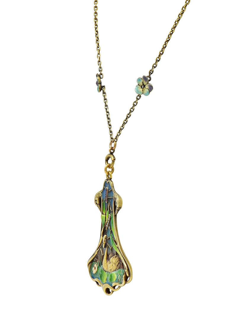 Art Nouveau Plique-A-Jour Enamel 14 Karat Gold Antique Swan Pendant Necklace