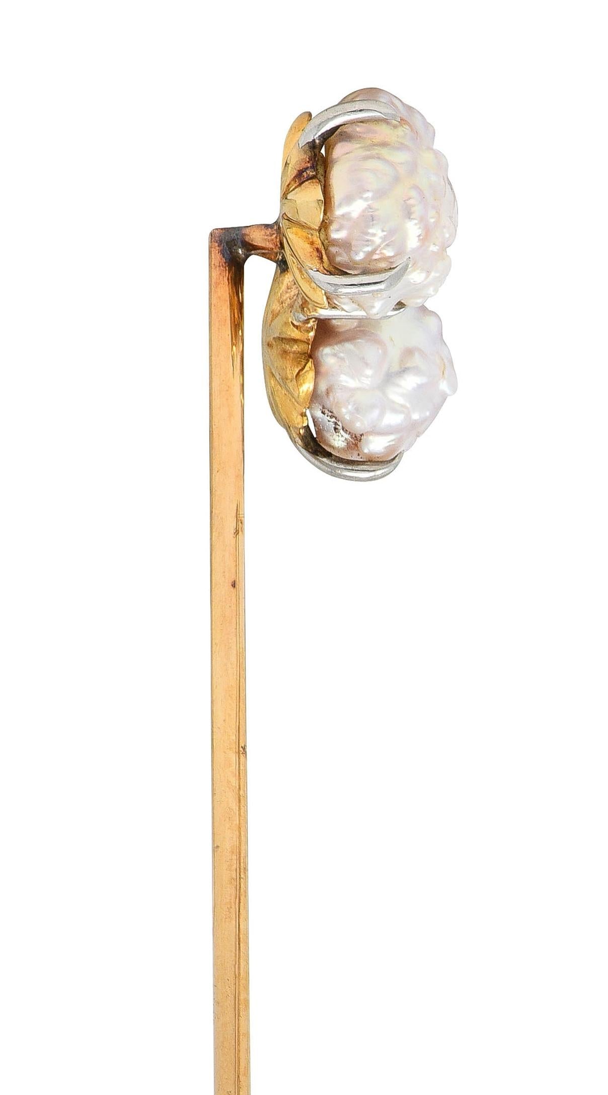 Edwardian Baroque Pearl Diamond Platinum 14 Karat Gold Antique Stickpin