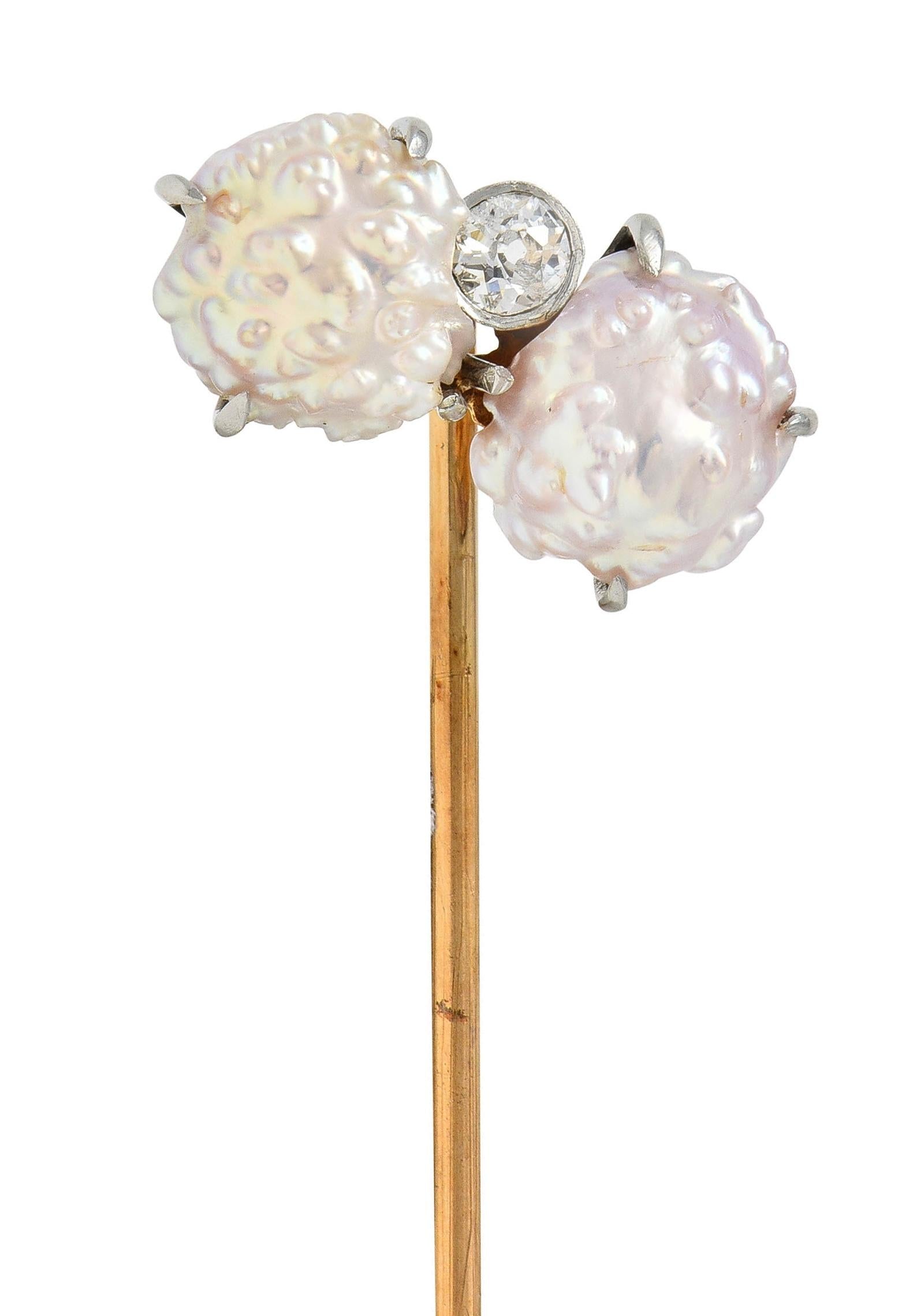 Edwardian Baroque Pearl Diamond Platinum 14 Karat Gold Antique Stickpin