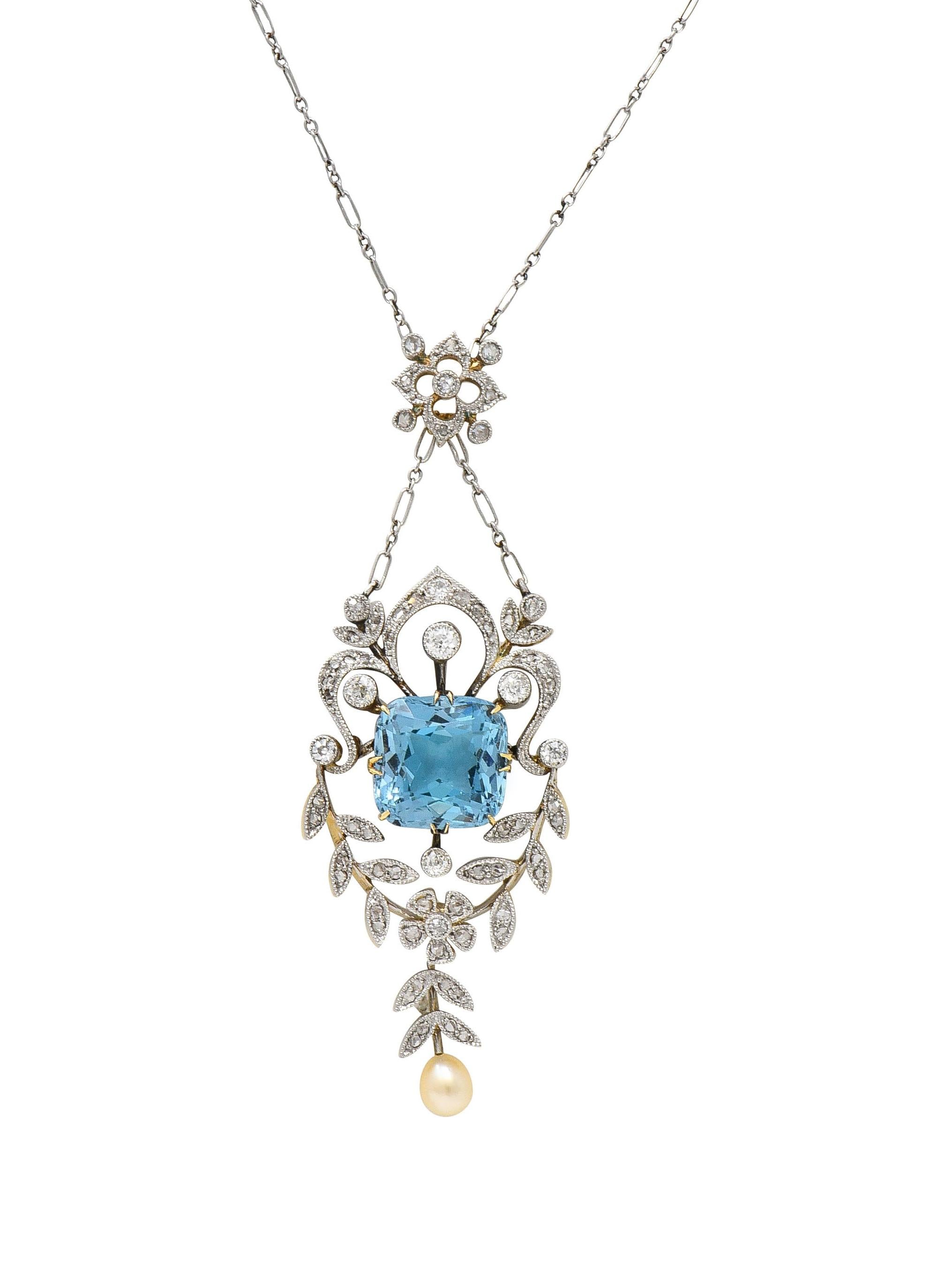 Edwardian 6.00 CTW Aquamarine Diamond Pearl Platinum 18K Gold Antique Necklace