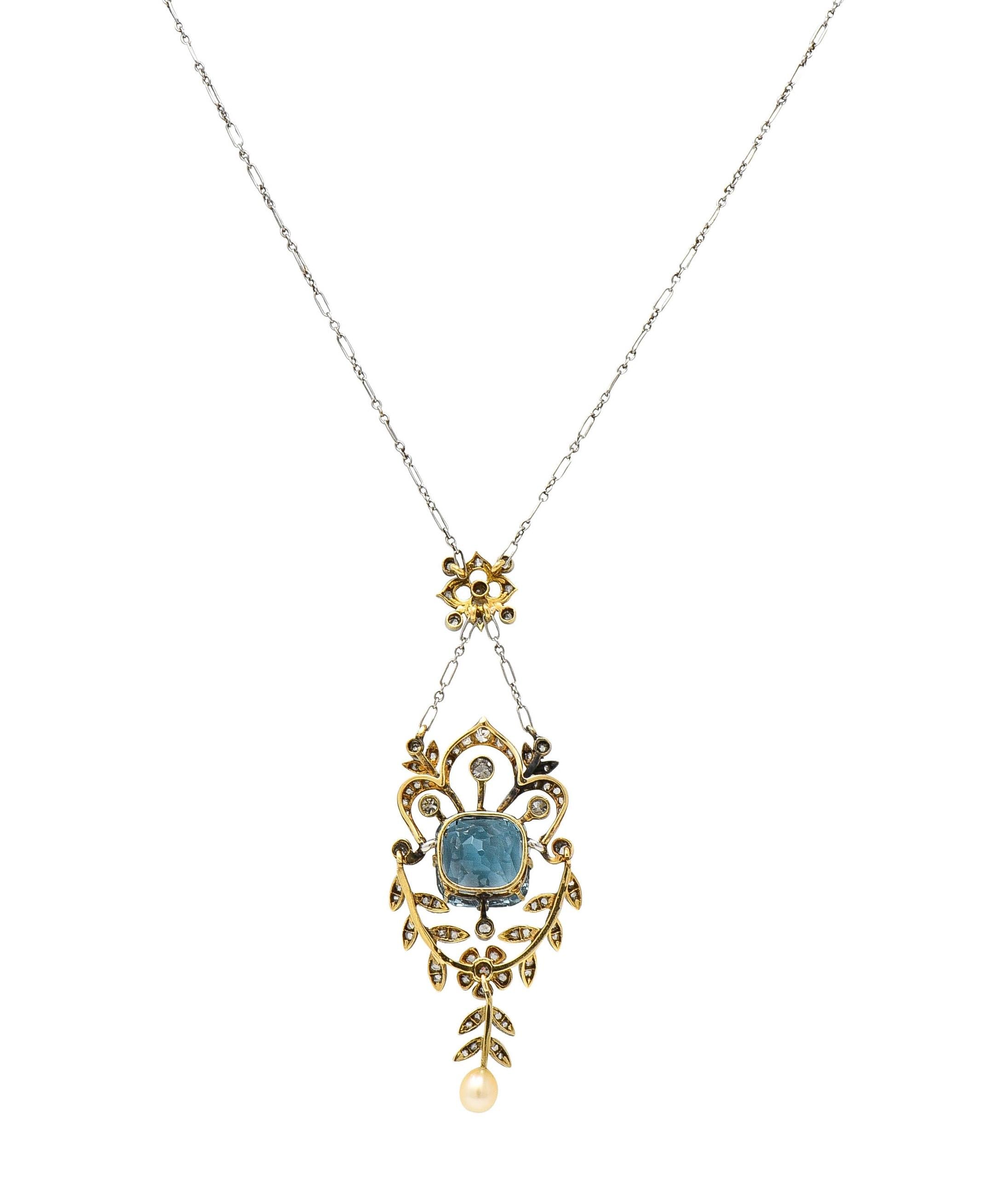 Edwardian 6.00 CTW Aquamarine Diamond Pearl Platinum 18K Gold Antique Necklace