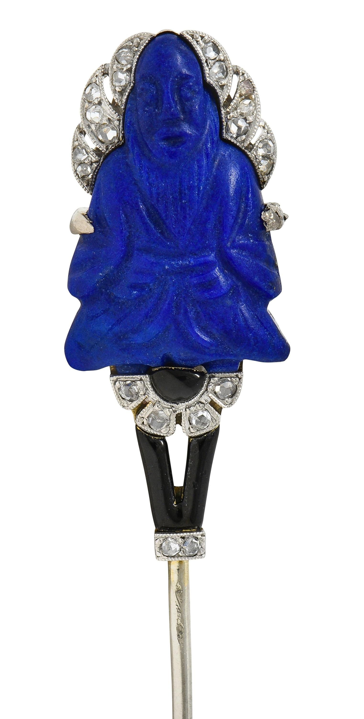 French Art Deco Lapis Diamond Enamel Platinum 18K Vintage Buddha Jabot Brooch