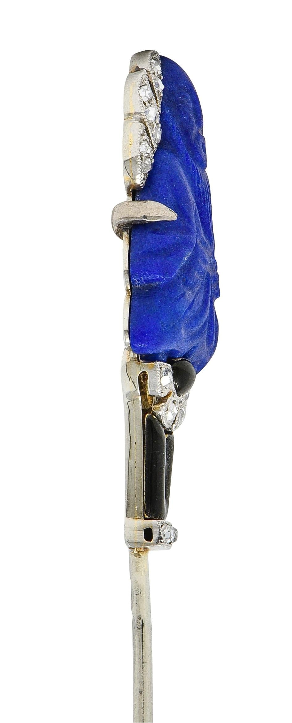 French Art Deco Lapis Diamond Enamel Platinum 18K Vintage Buddha Jabot Brooch