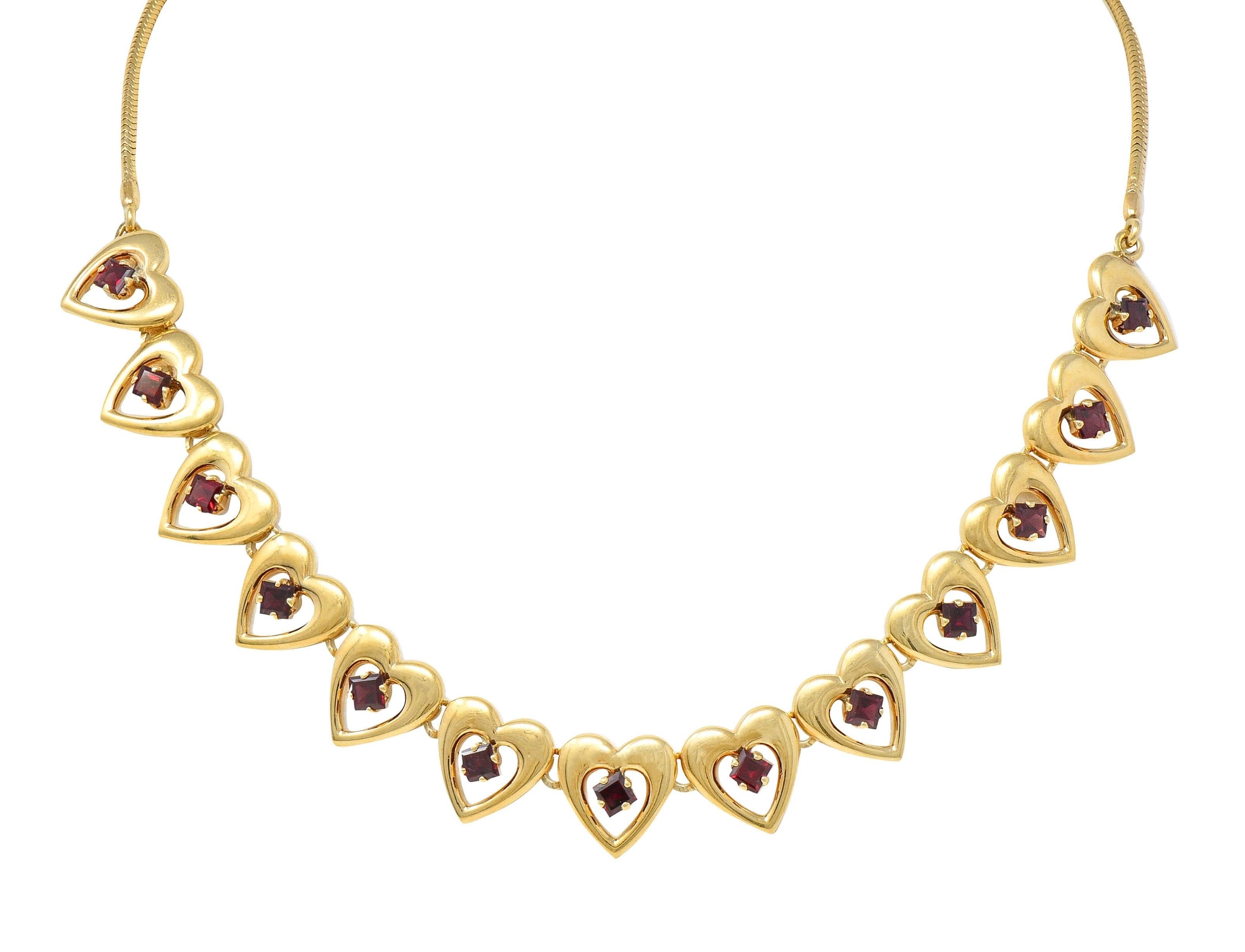 Tiffany & Co. Retro 1940's Garnet 14 Karat Yellow Gold Vintage Heart Necklace