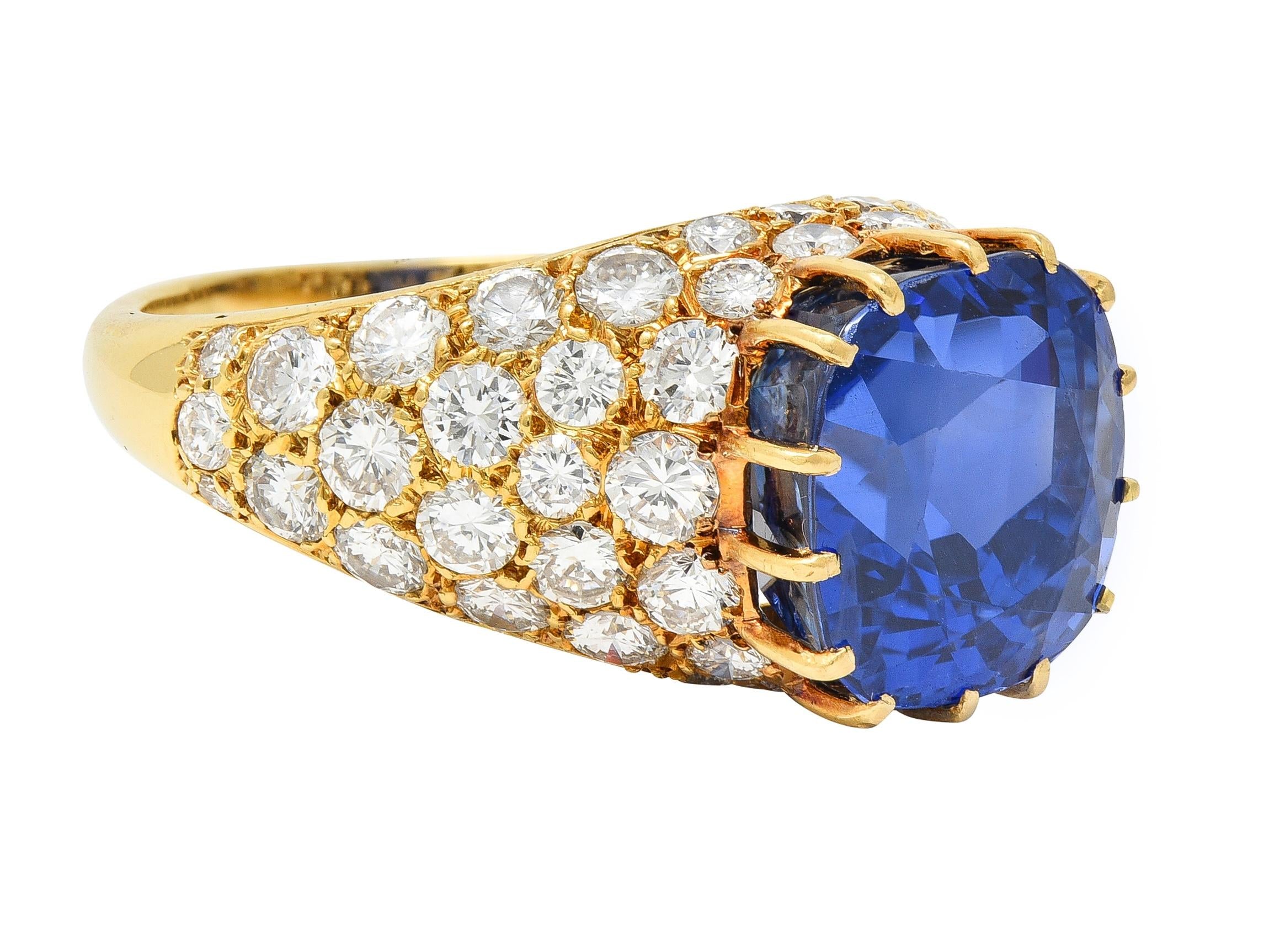 Van Cleef & Arpels French 1980s 12.05 CTW No Heat Ceylon Sapphire Diamond 18 Karat Yellow Gold Ring AGL Wilson's Estate Jewelry