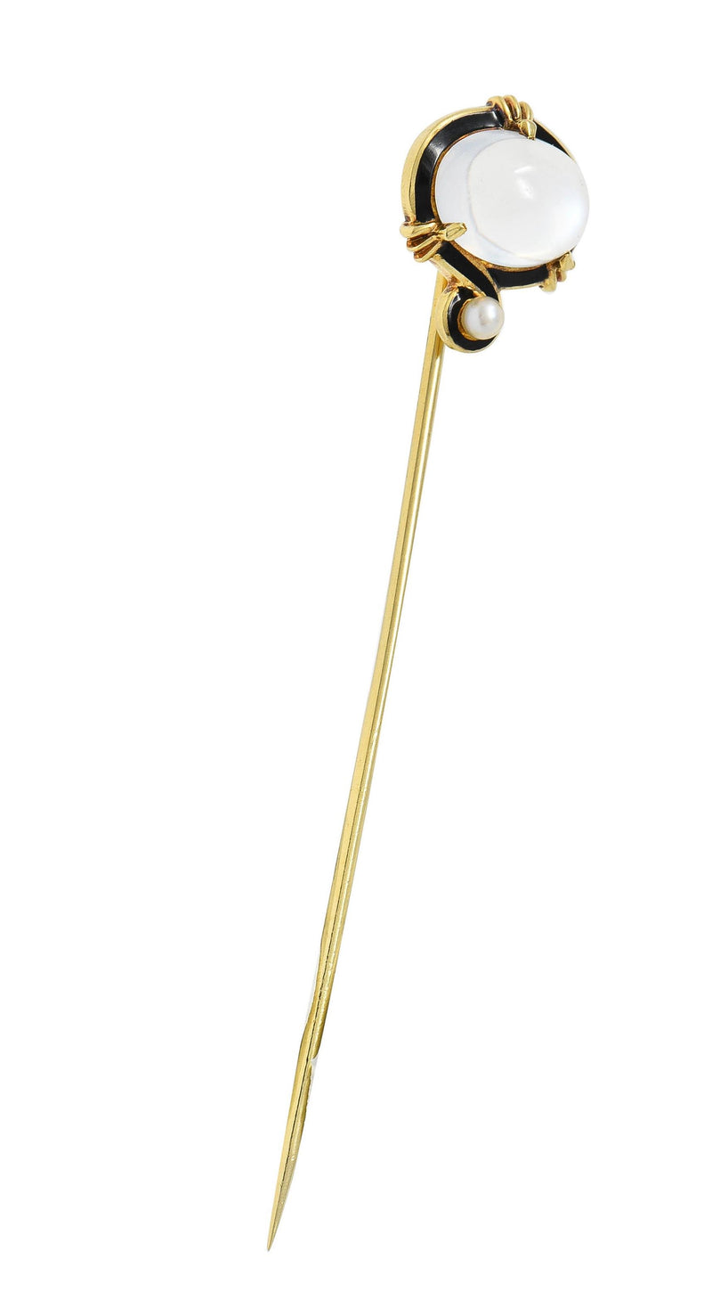 Victorian Moonstone Pearl Enamel 18 Karat Gold Antique Stickpin