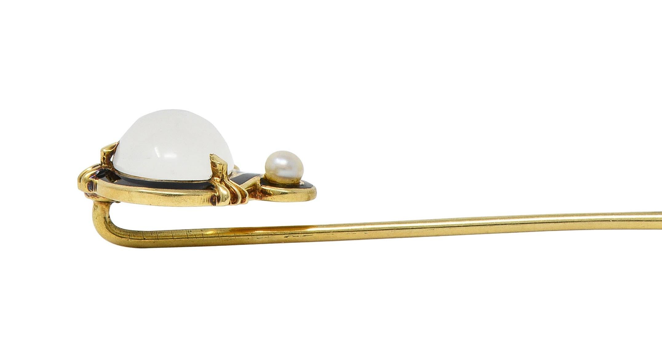 Victorian Moonstone Pearl Enamel 18 Karat Gold Antique Stickpin