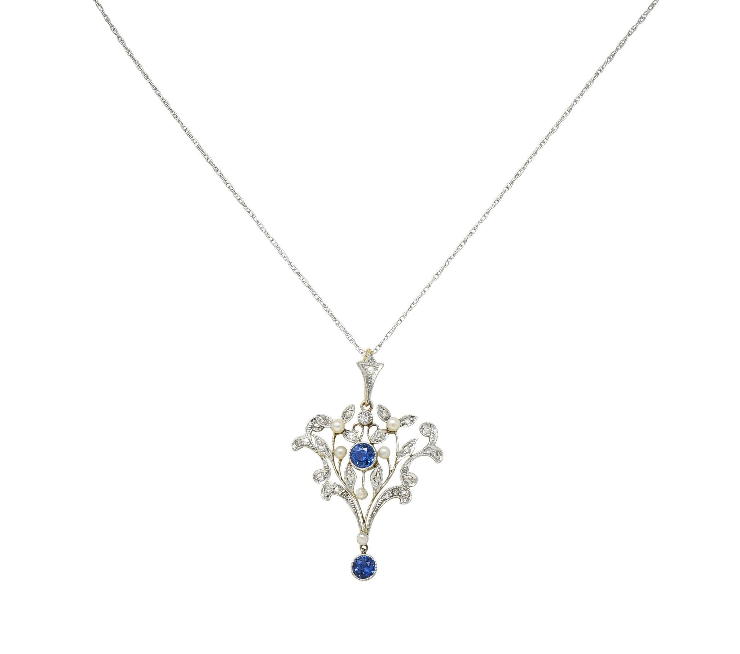 Edwardian 1.17 CTW Sapphire Diamond Platinum 14K Gold Antique Pendant Necklace