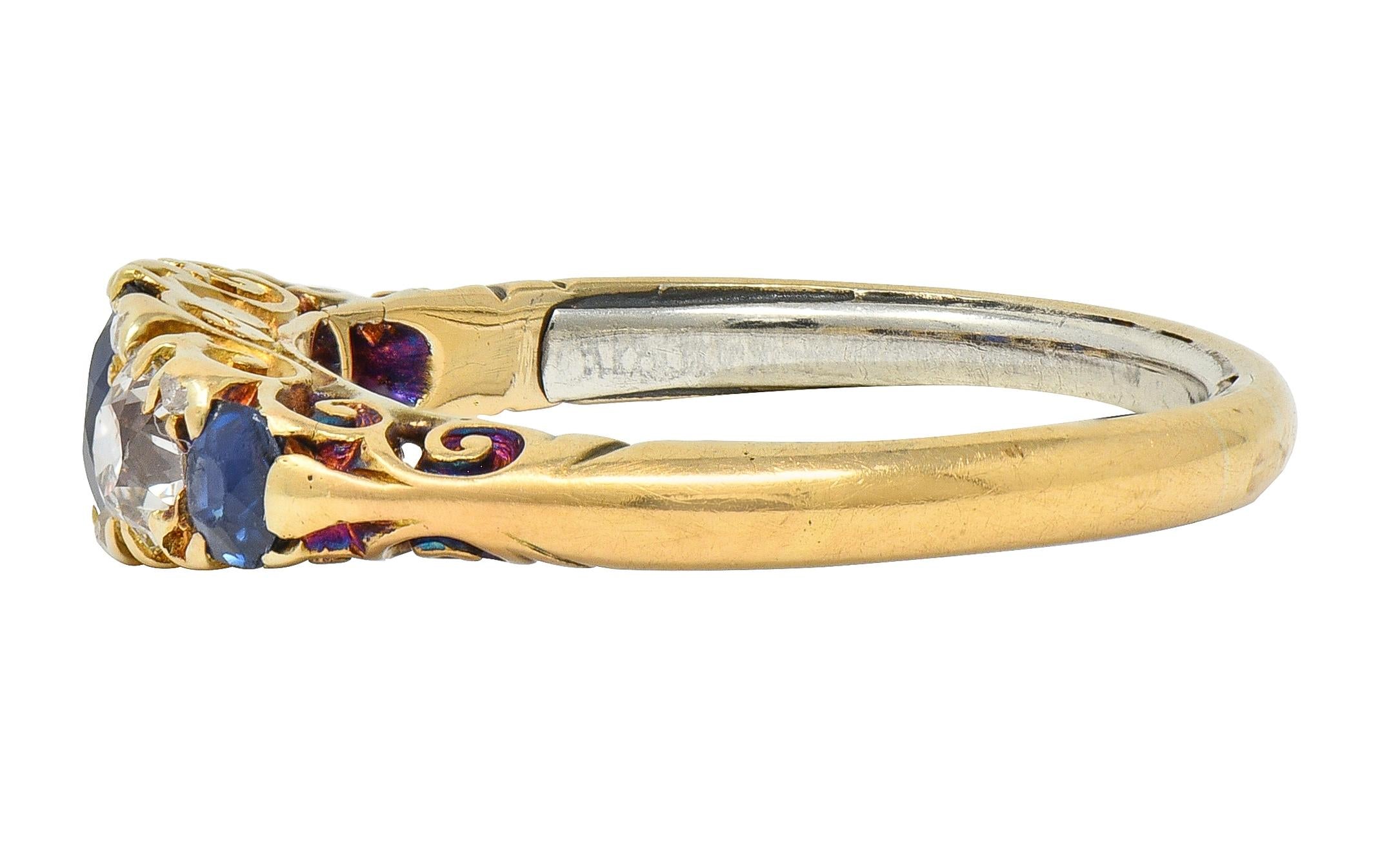Victorian 1.40 CTW Sapphire Diamond 18K Yellow Gold Antique Scroll Band Ring